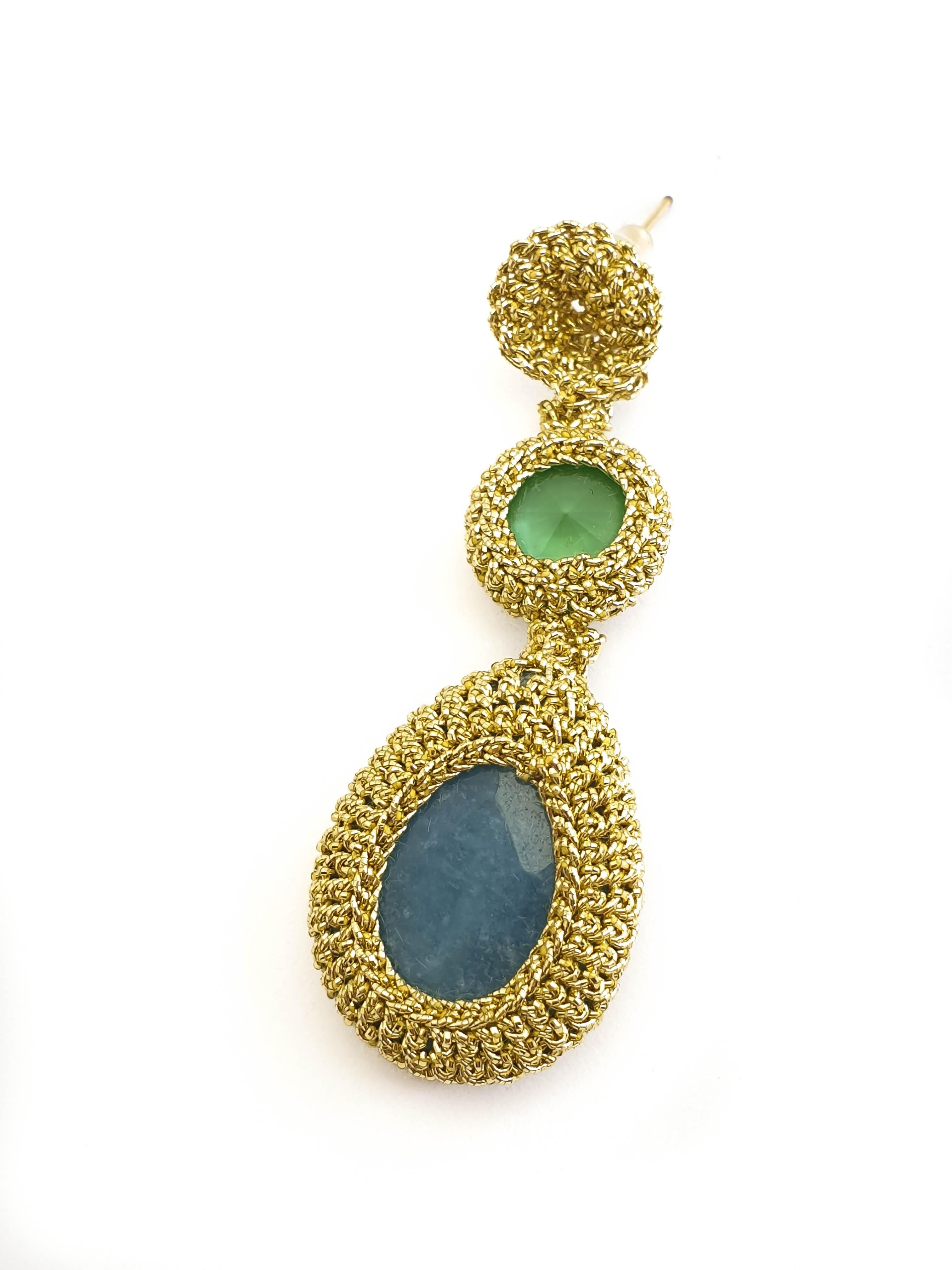 Gold Color Thread Crochet Contemporary Earrings Jade Swarovski Crystals Artistic In New Condition For Sale In Kfar Saba, IL
