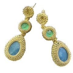 Gold Color Thread Crochet Contemporary Earrings Jade Swarovski Crystals Artistic