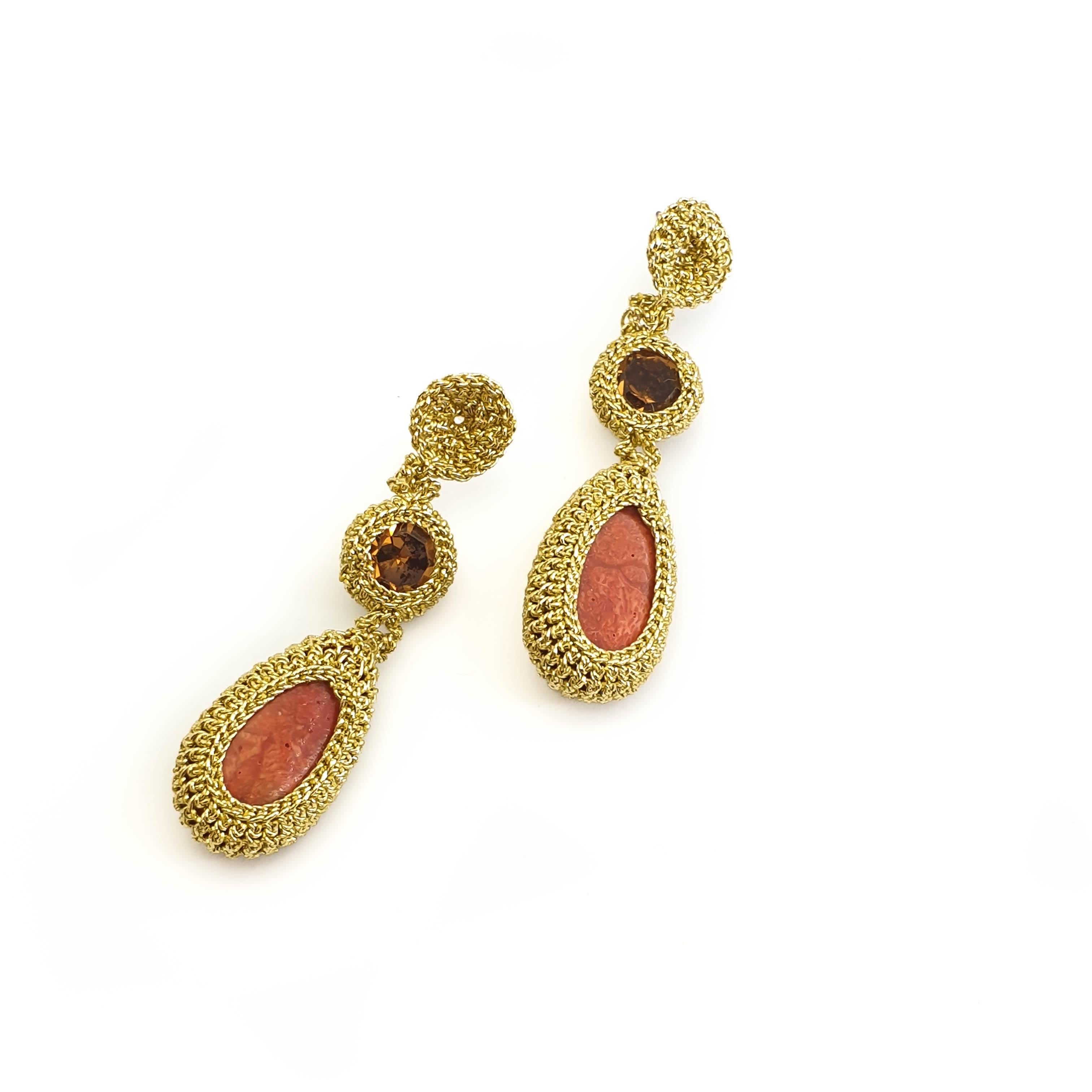 Gold Color Thread Crochet Drop Earrings Red Coral Crystal Fashion Art Hand Made  In New Condition For Sale In Kfar Saba, IL