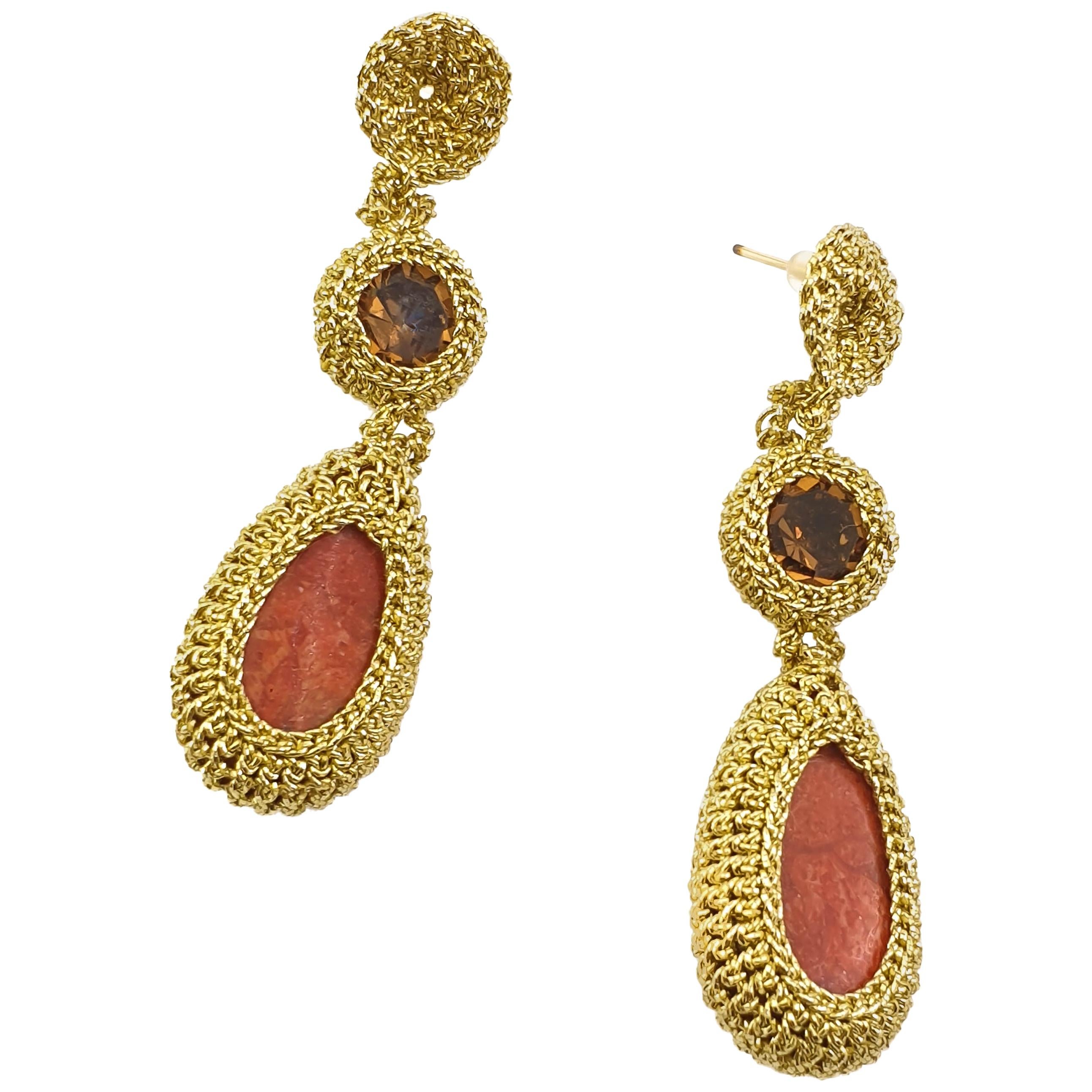 Gold Color Thread Crochet Drop Earrings Red Coral Crystal Fashion Art Hand Made  For Sale