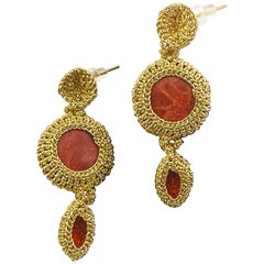 Gold Color Thread Crochet Handmade Drop Earrings Coral Crystal Artsy Fashionable