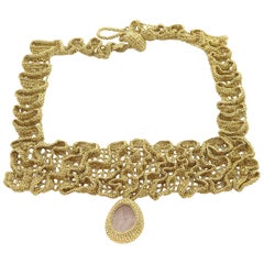 Used Gold Color Thread Natural Pink Rosequartz Handmade Contemporary Fashion Necklace