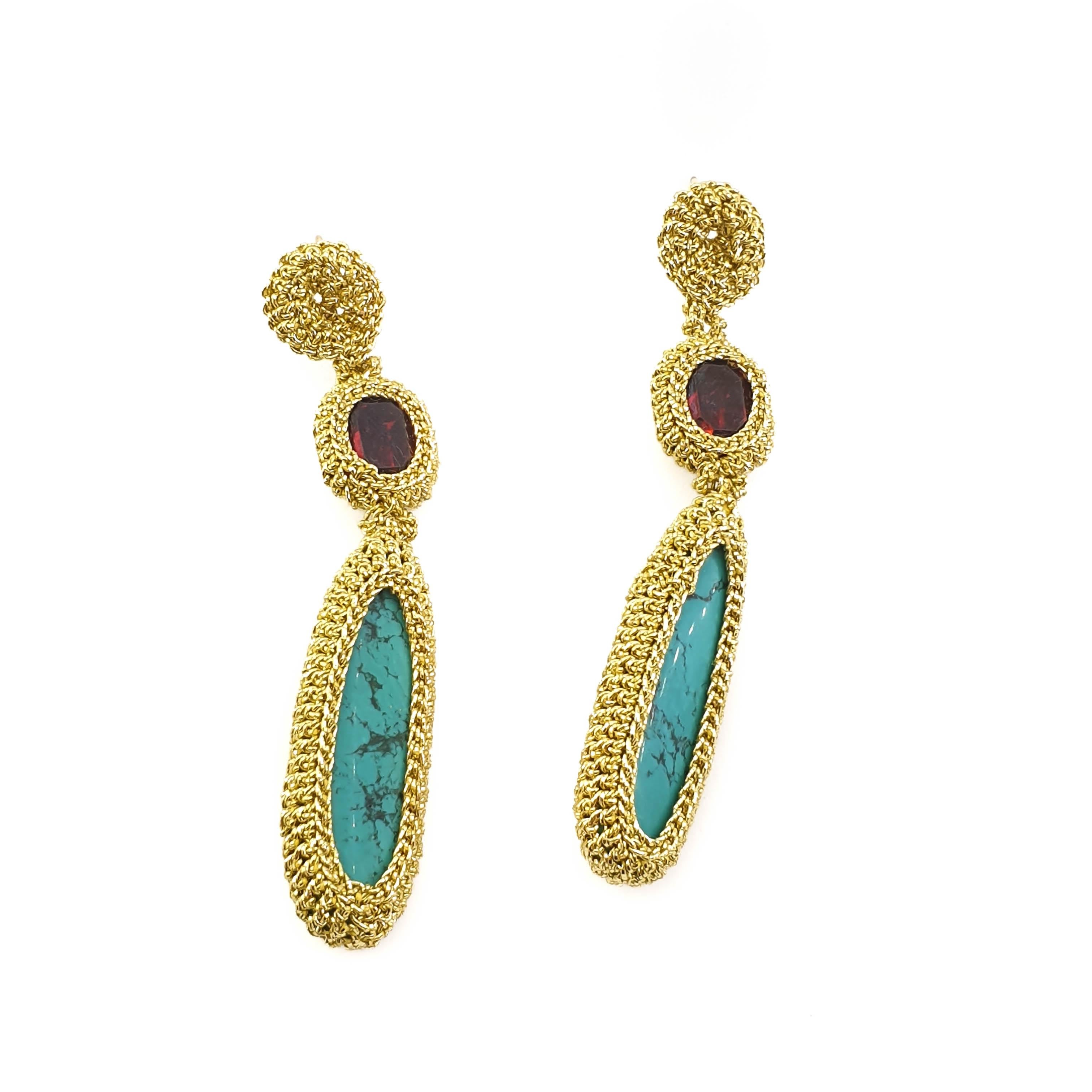 Gold Color Thread Turquoise Red Crystal Dangle Earrings Crochet Artsy Fashion In New Condition For Sale In Kfar Saba, IL