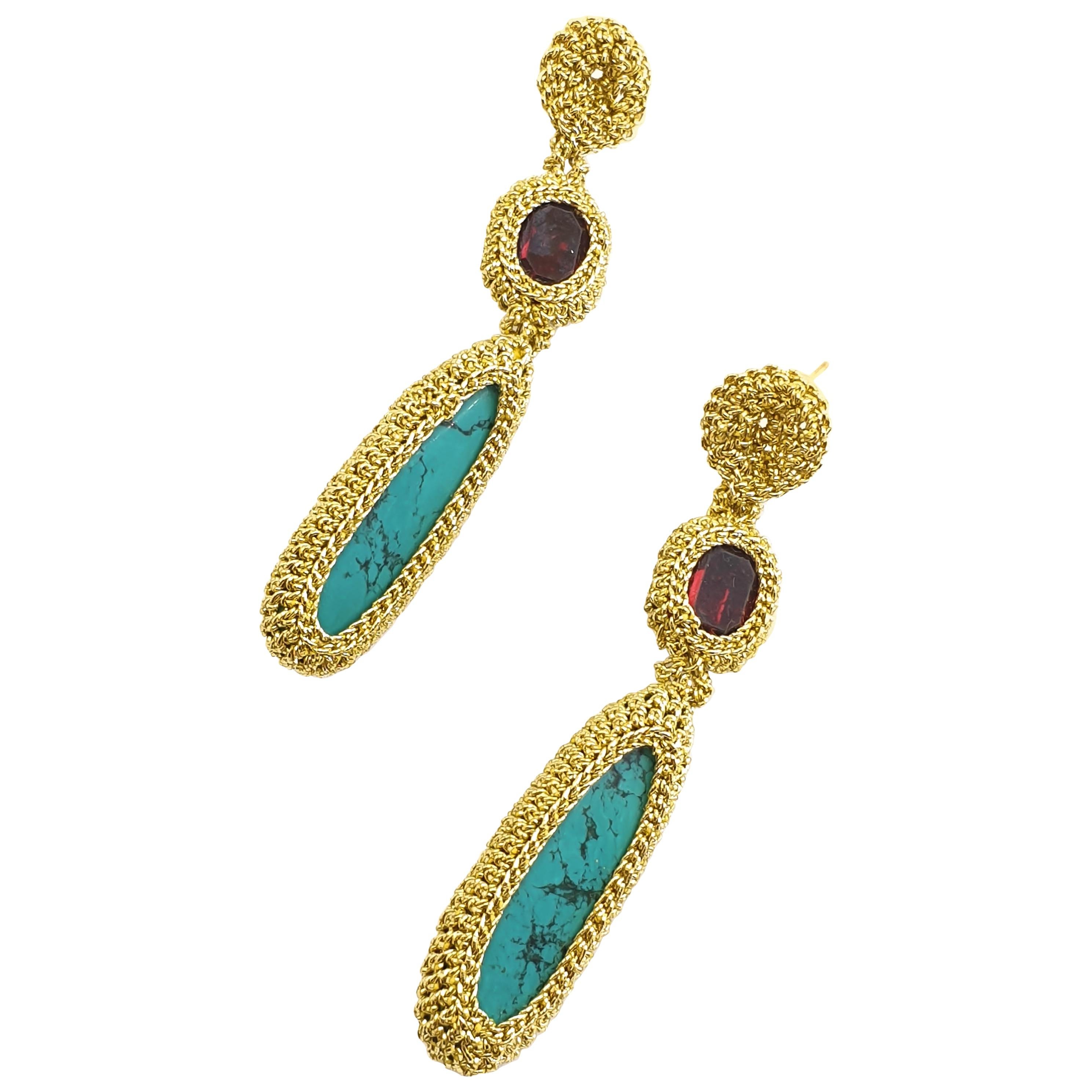 Gold Color Thread Turquoise Red Crystal Dangle Earrings Crochet Artsy Fashion For Sale