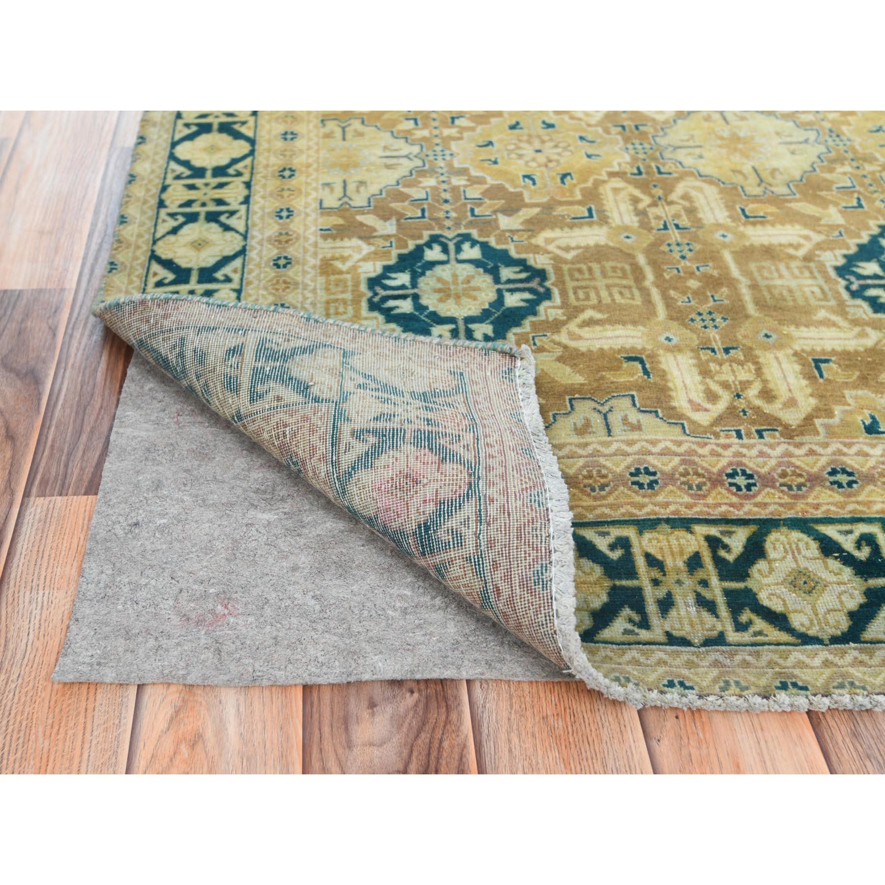 Medieval Gold Color, Vintage Persian Abadeh, Hand Knotted Worn Wool Distressed Look Rug