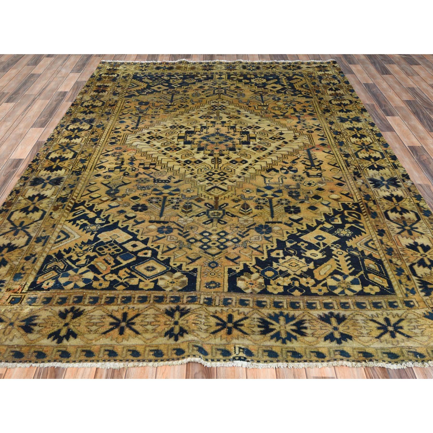 Medieval Gold Color, Vintage Persian Bakhtiar, Distressed Look Worn Wool Hand Knotted Rug