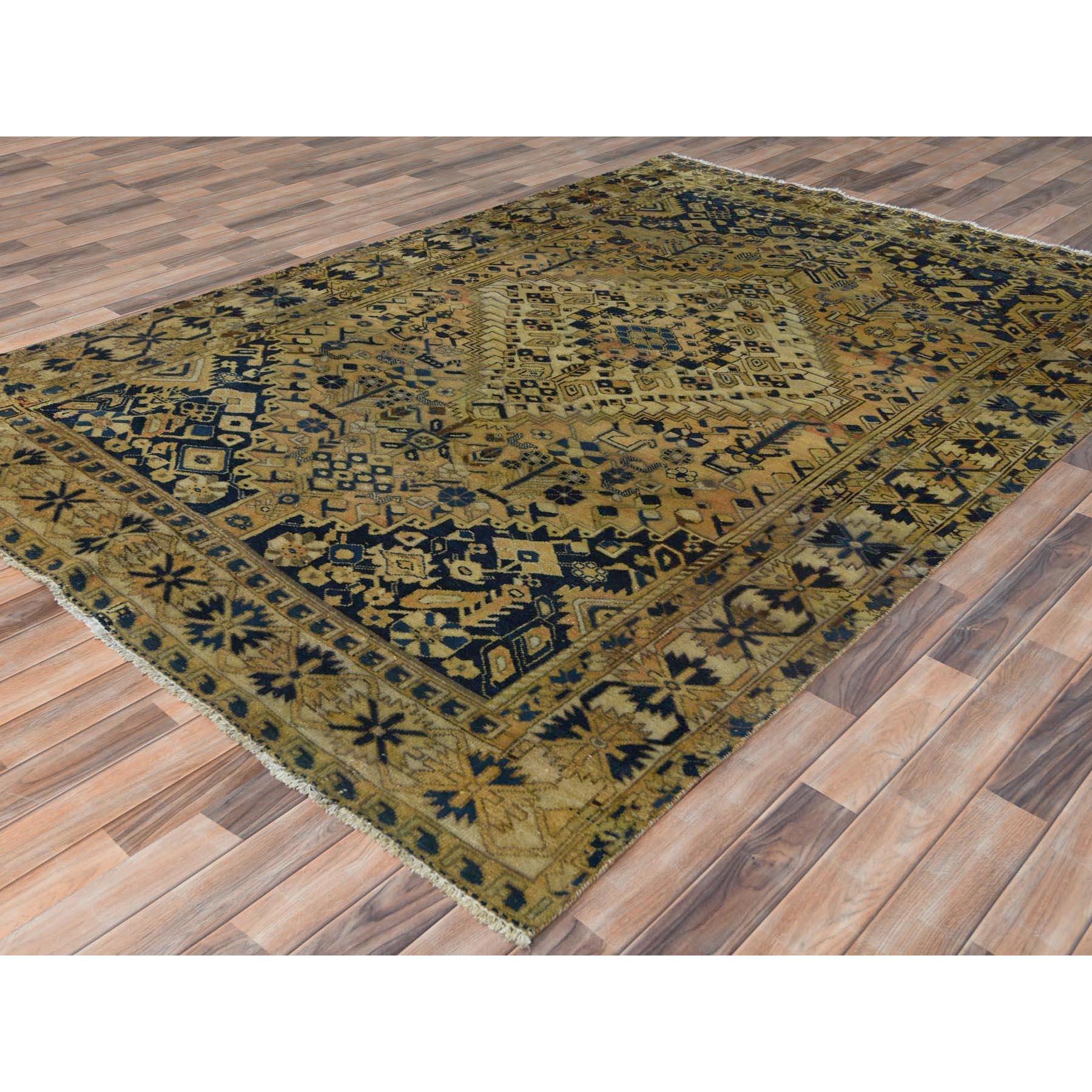 Hand-Knotted Gold Color, Vintage Persian Bakhtiar, Distressed Look Worn Wool Hand Knotted Rug