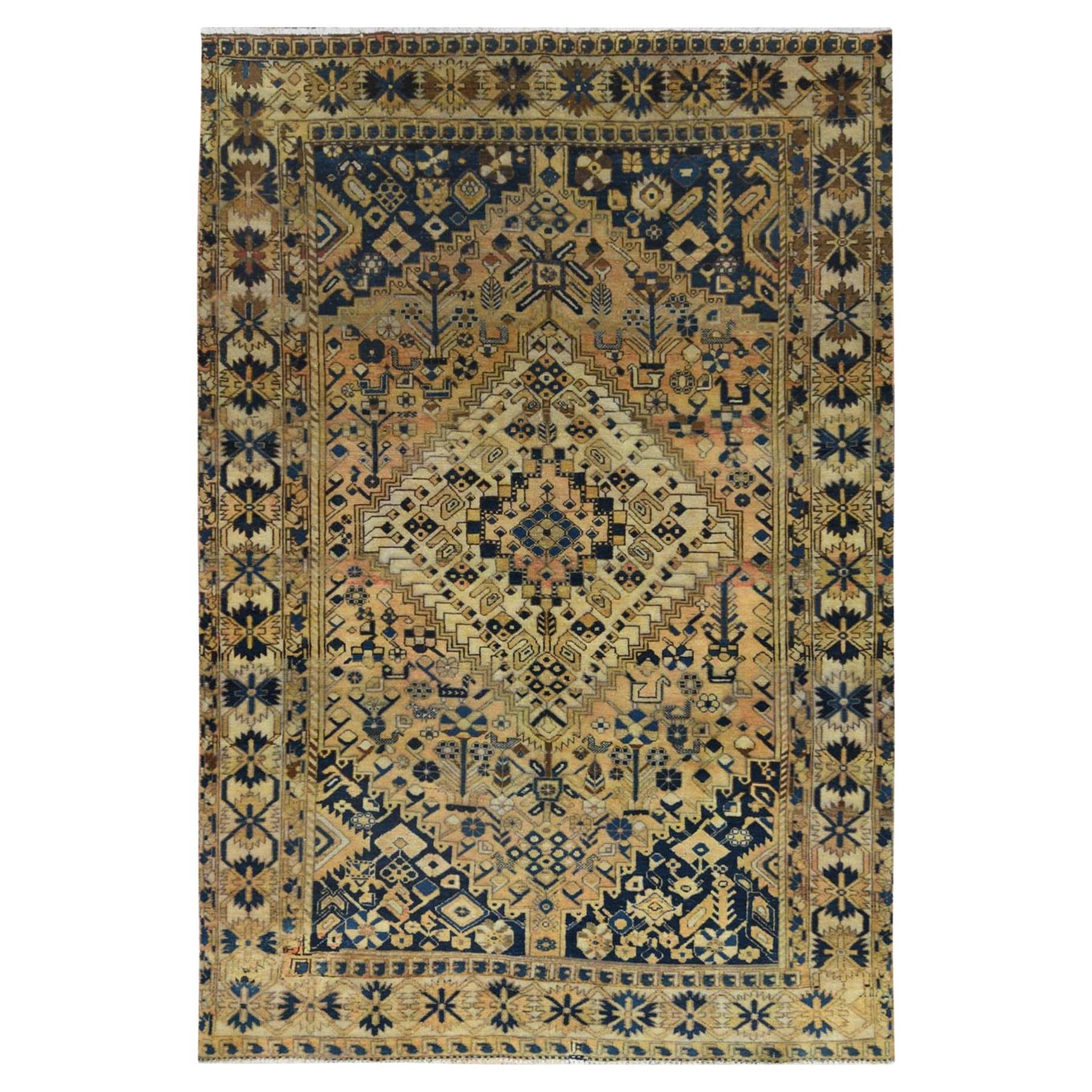 Gold Color, Vintage Persian Bakhtiar, Distressed Look Worn Wool Hand Knotted Rug