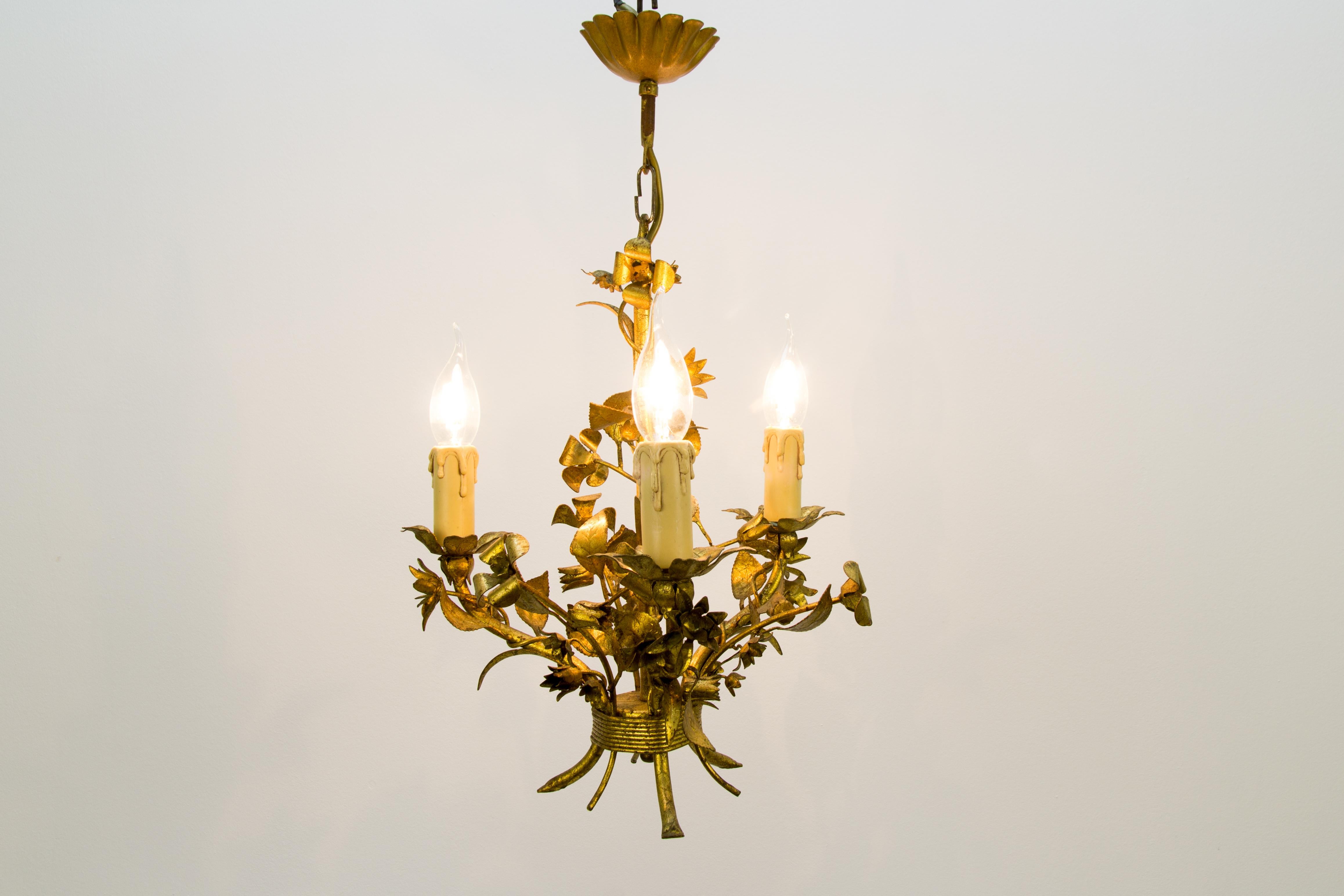 Gold Colored Italian Floral Tole Chandelier, 1950s 13