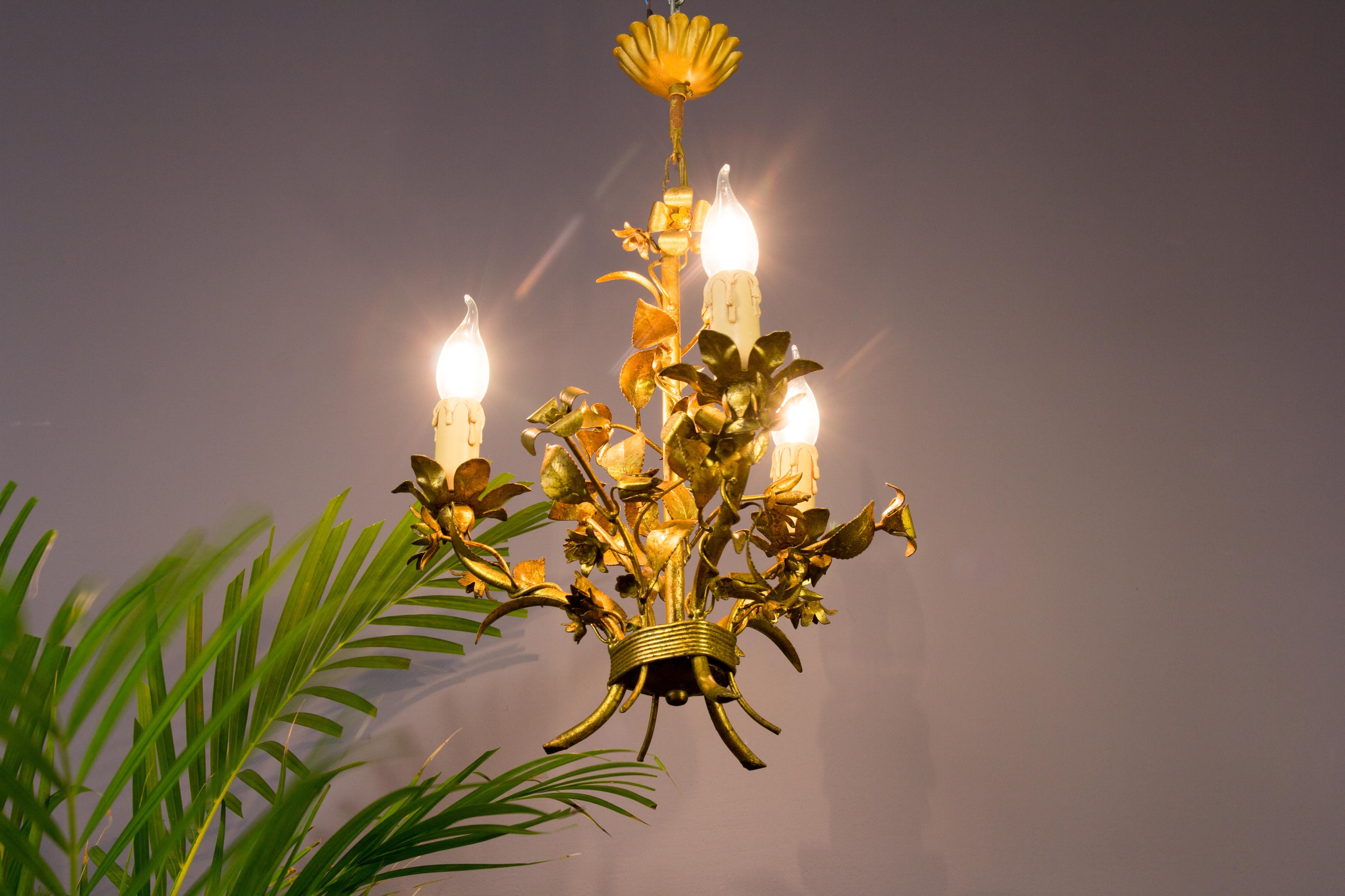 Metal Gold Colored Italian Floral Tole Chandelier, 1950s