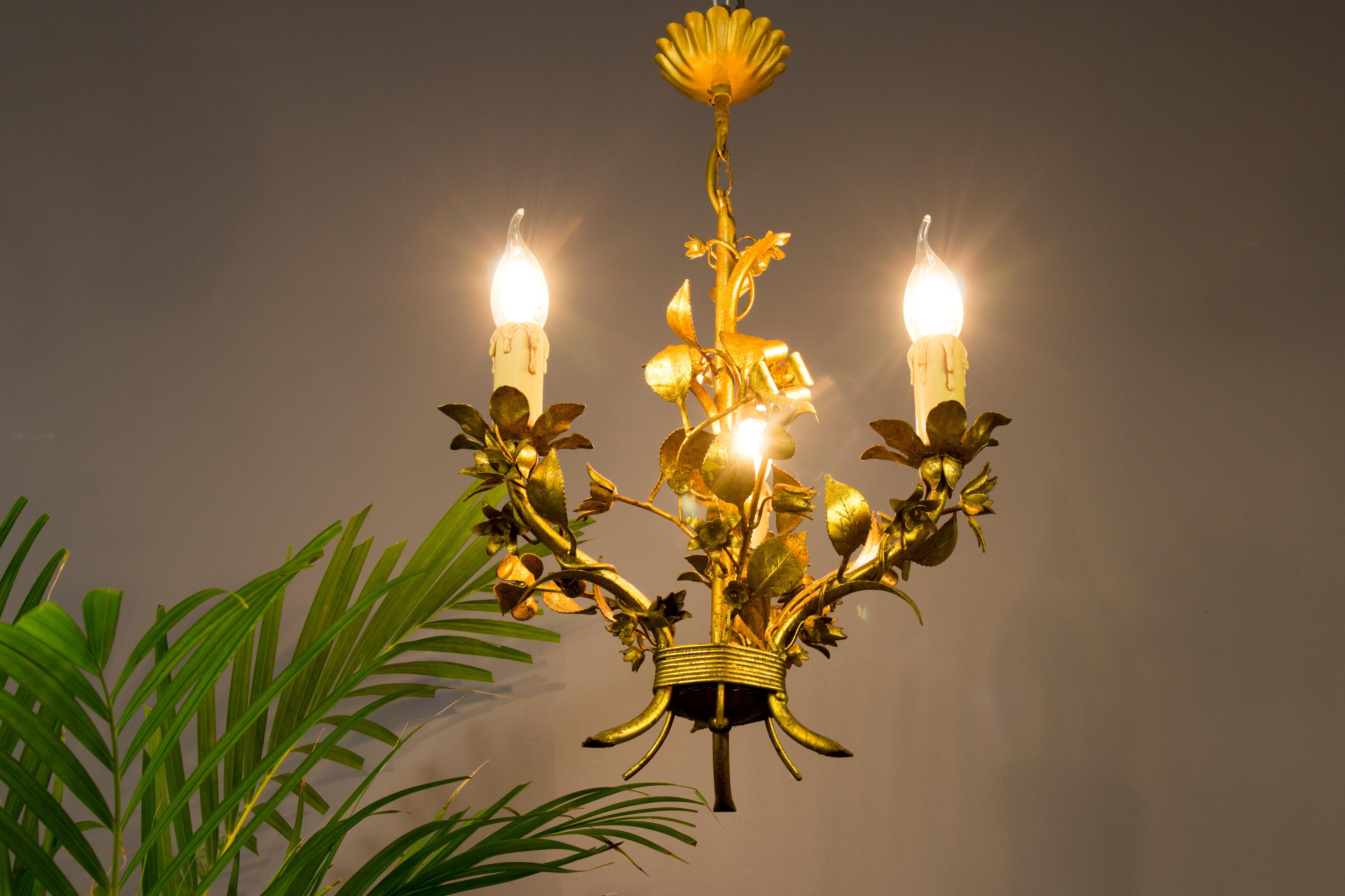 Gold Colored Italian Floral Tole Chandelier, 1950s 2