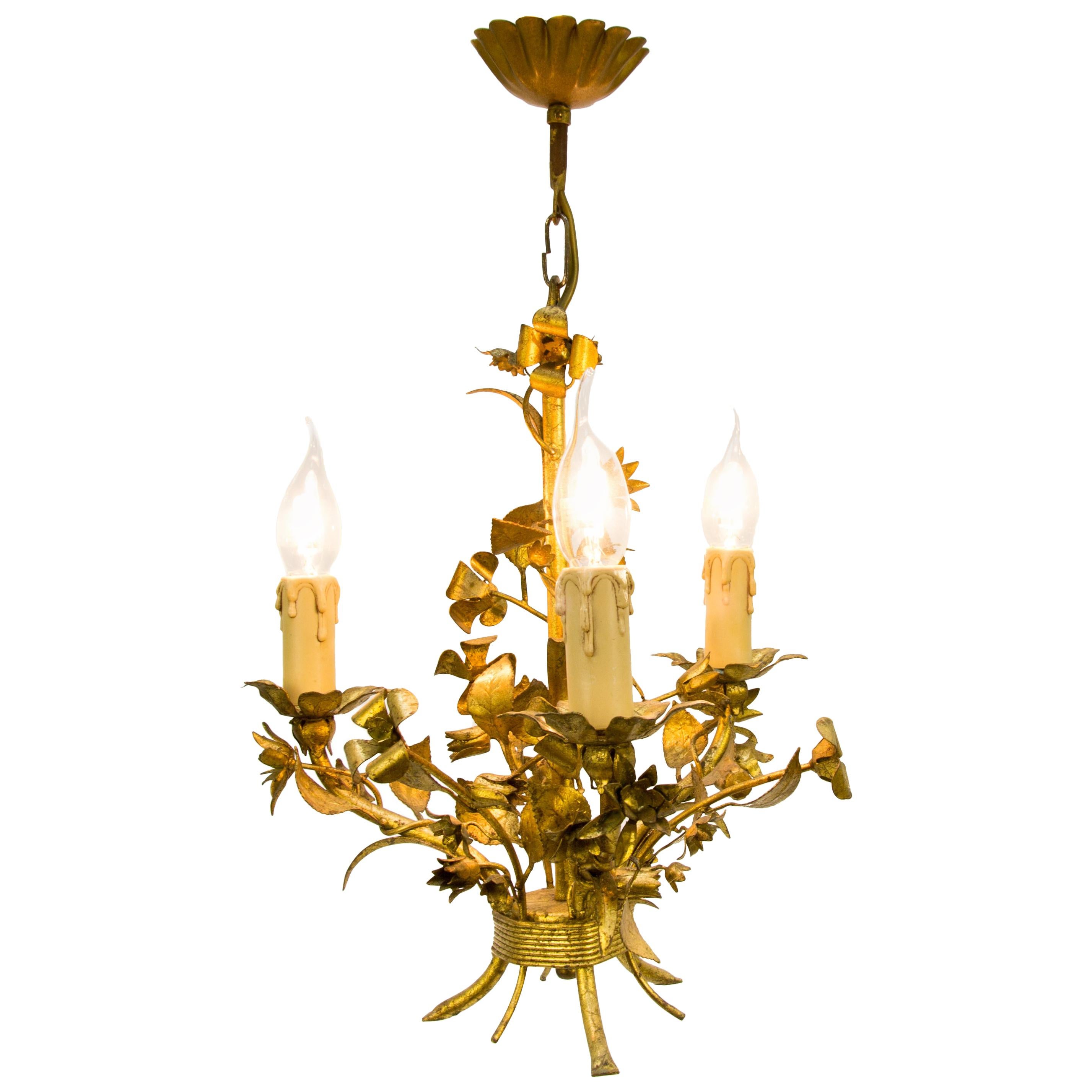 Gold Colored Italian Floral Tole Chandelier, 1950s