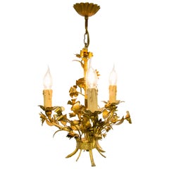 Vintage Gold Colored Italian Floral Tole Chandelier, 1950s
