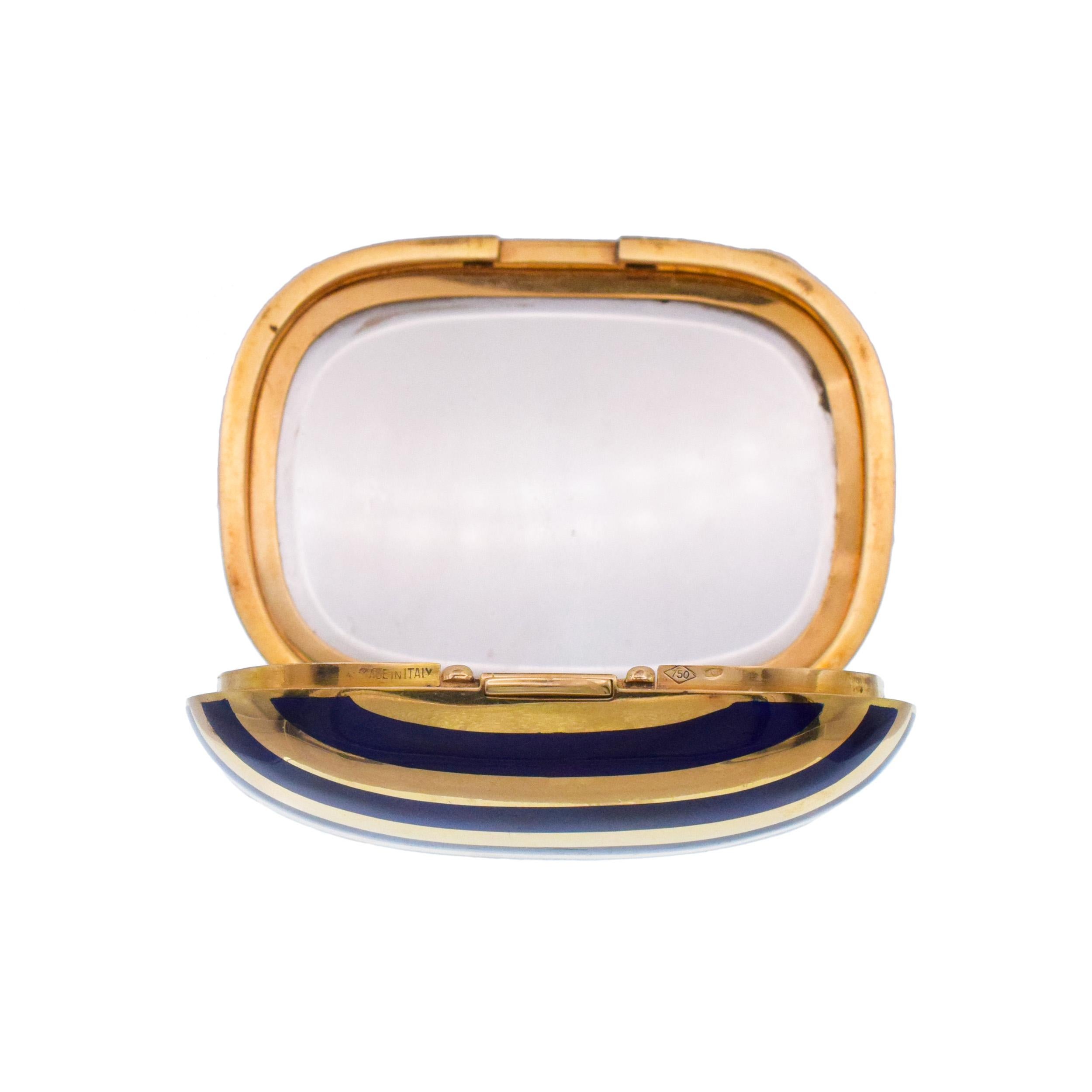 Women's or Men's Striped Blue Enamel Pill Box In 18k Yellow Gold. For Sale