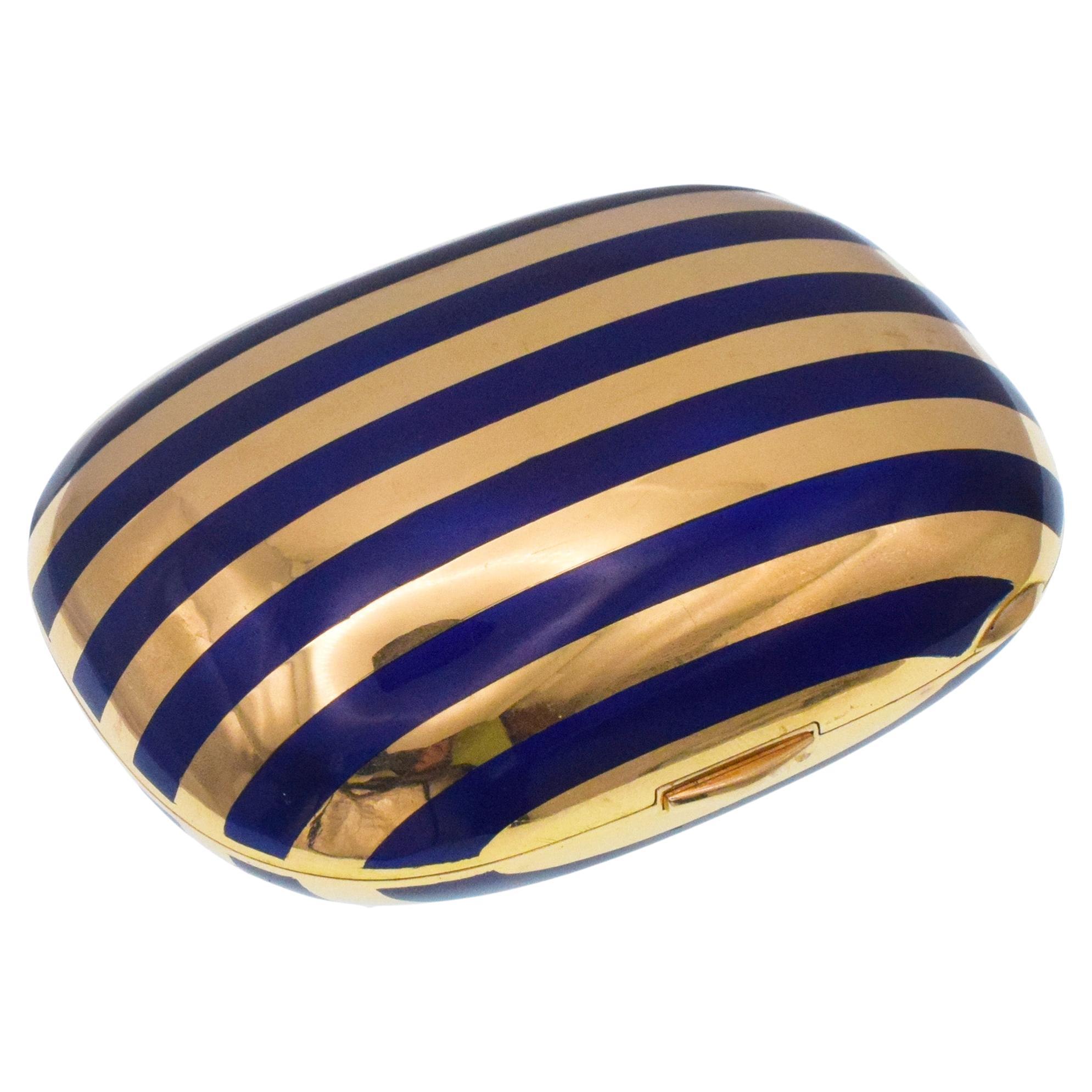 Striped Blue Enamel Pill Box In 18k Yellow Gold. For Sale