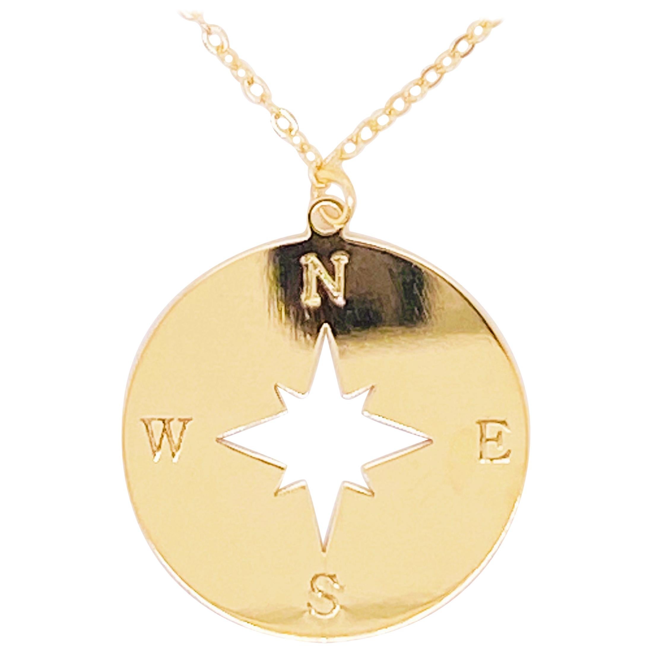 Gold Compass Necklace, 14 Karat Gold, Journey to Follow Your Heart, 14 Karat G For Sale
