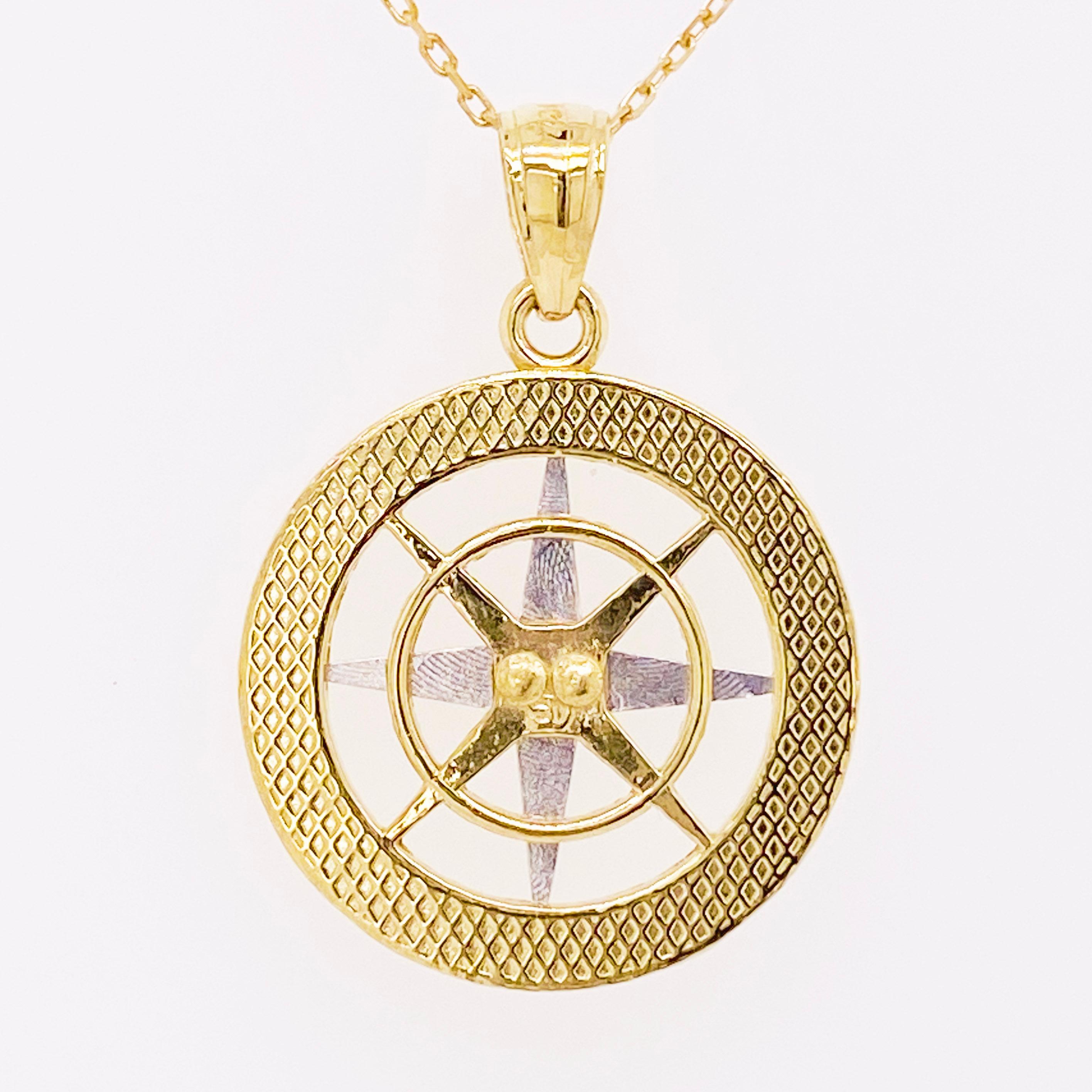 Modern Gold Compass Necklace, 14 Karat Yellow White Gold, Journey to Follow Your Heart