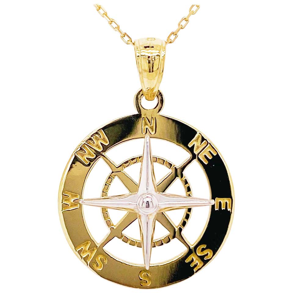 Gold Compass Necklace, 14 Karat Yellow White Gold, Journey to Follow ...