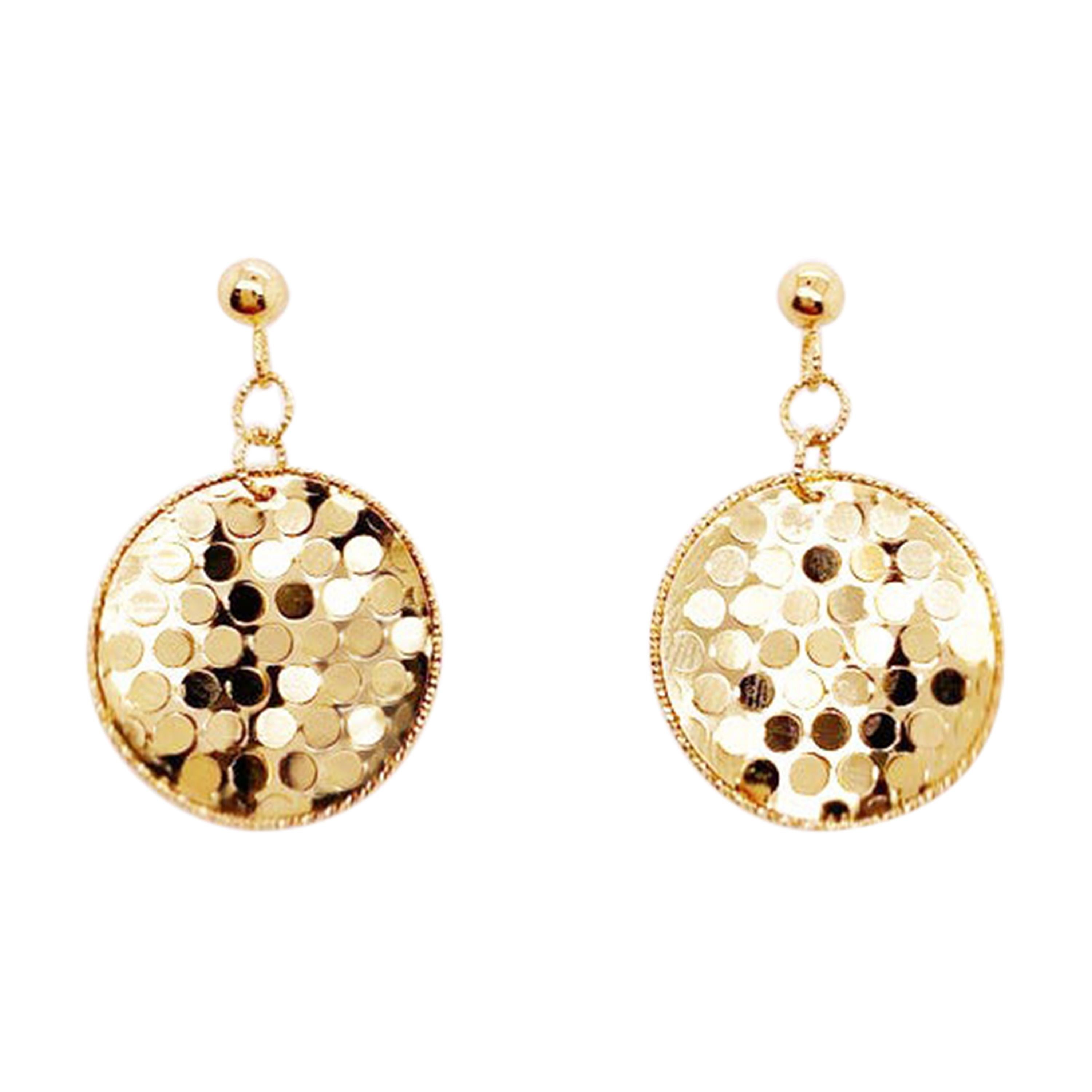 Gold Confetti Disk Earrings, 14k Yellow Gold Shimmer Reflective Earring Dangles For Sale