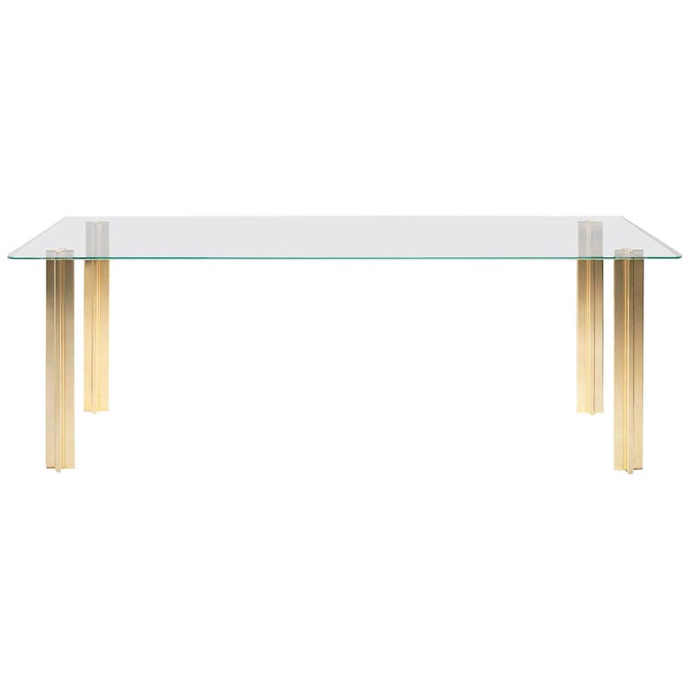Gold Contemporary Rectangular Table, Glass Top and Gold-Plated