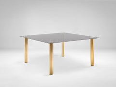 Gold Contemporary Square Table, Smoke Glass Top and Gold-Plated Aluminium Legs