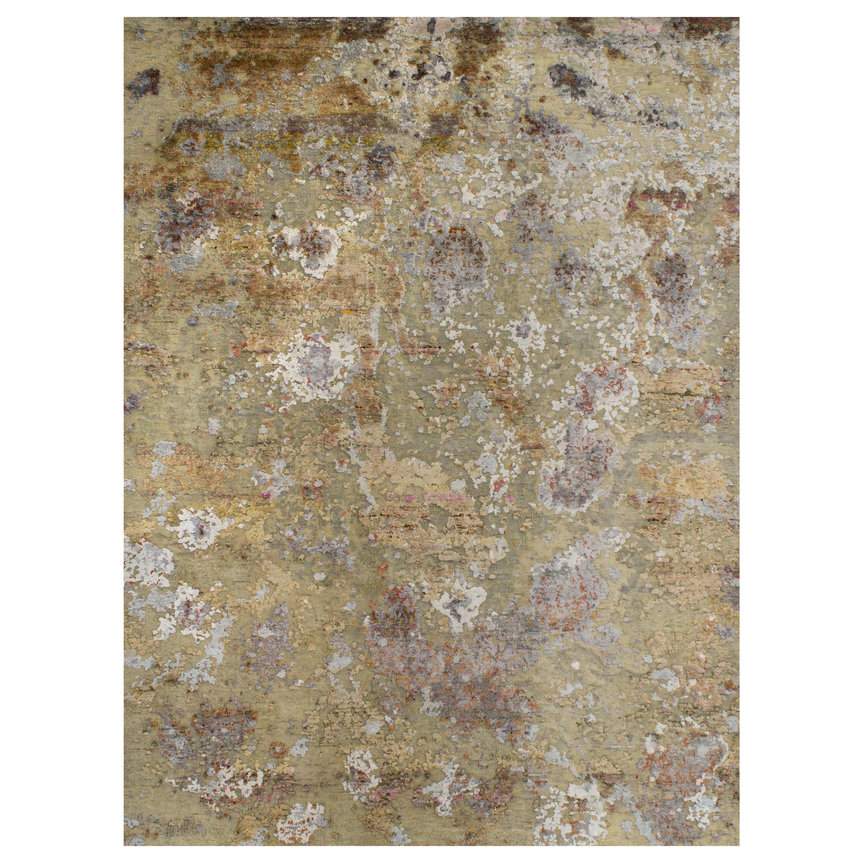 Gold Copper Rust Peach Beige Grey Hi-Low Hand-knotted Wool and Silk Rug For Sale