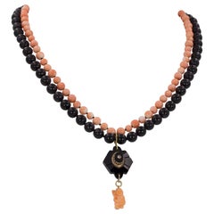 Gold, Coral and Onyx Beaded Necklace