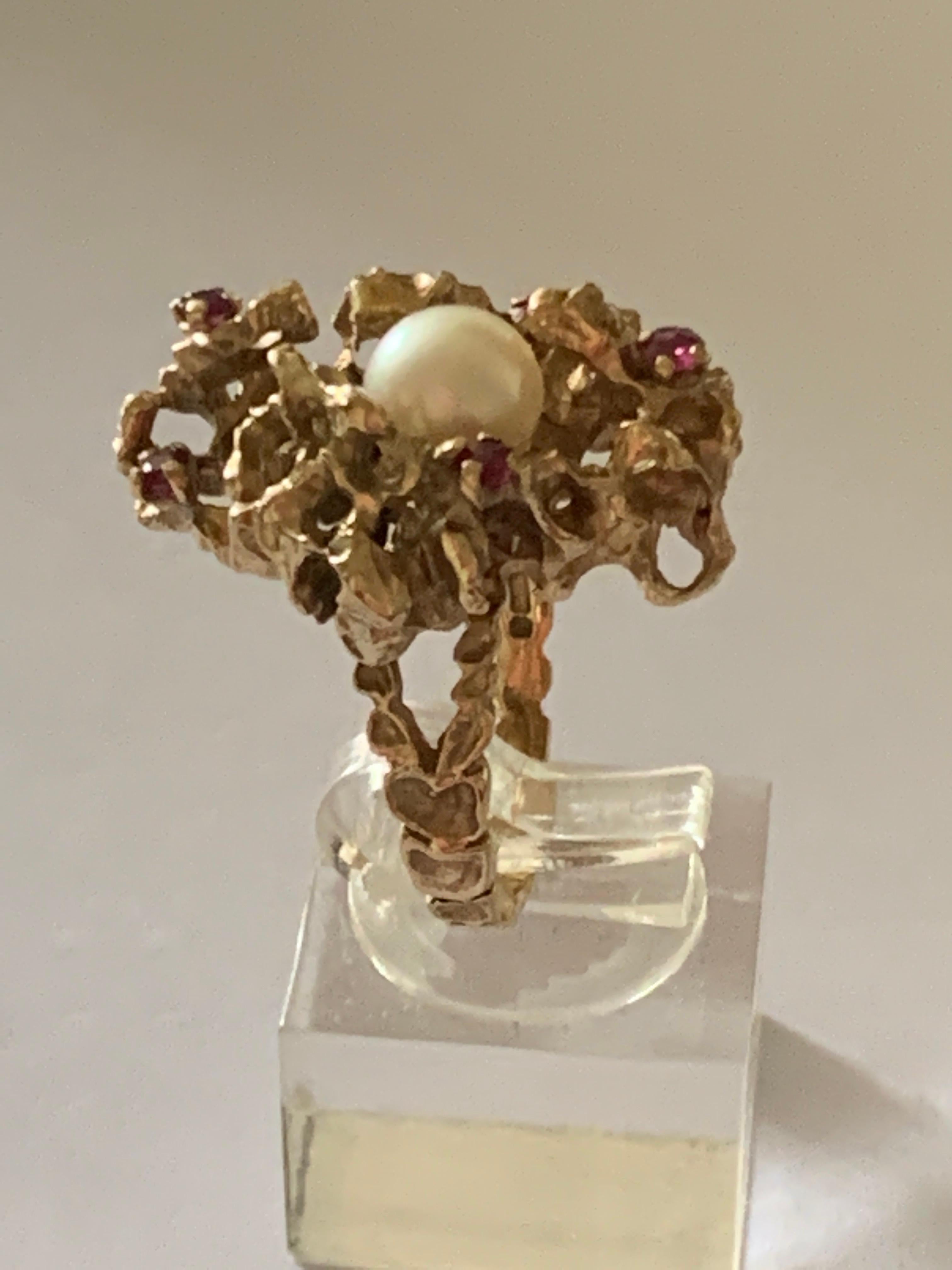 Women's or Men's  Gold Coral Design Pearl & Ruby Cocktail Ring For Sale