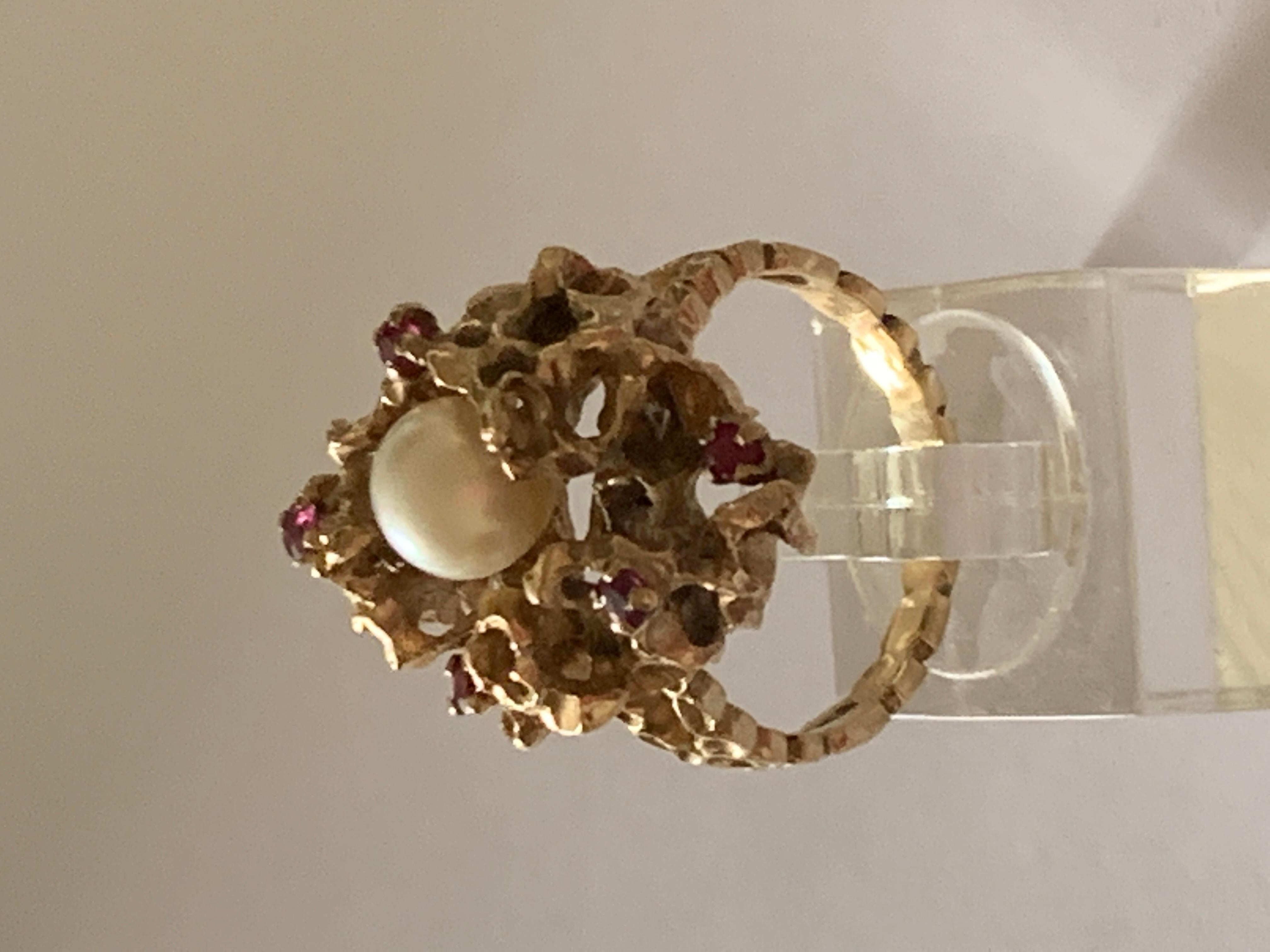  Gold Coral Design Pearl & Ruby Cocktail Ring For Sale 1