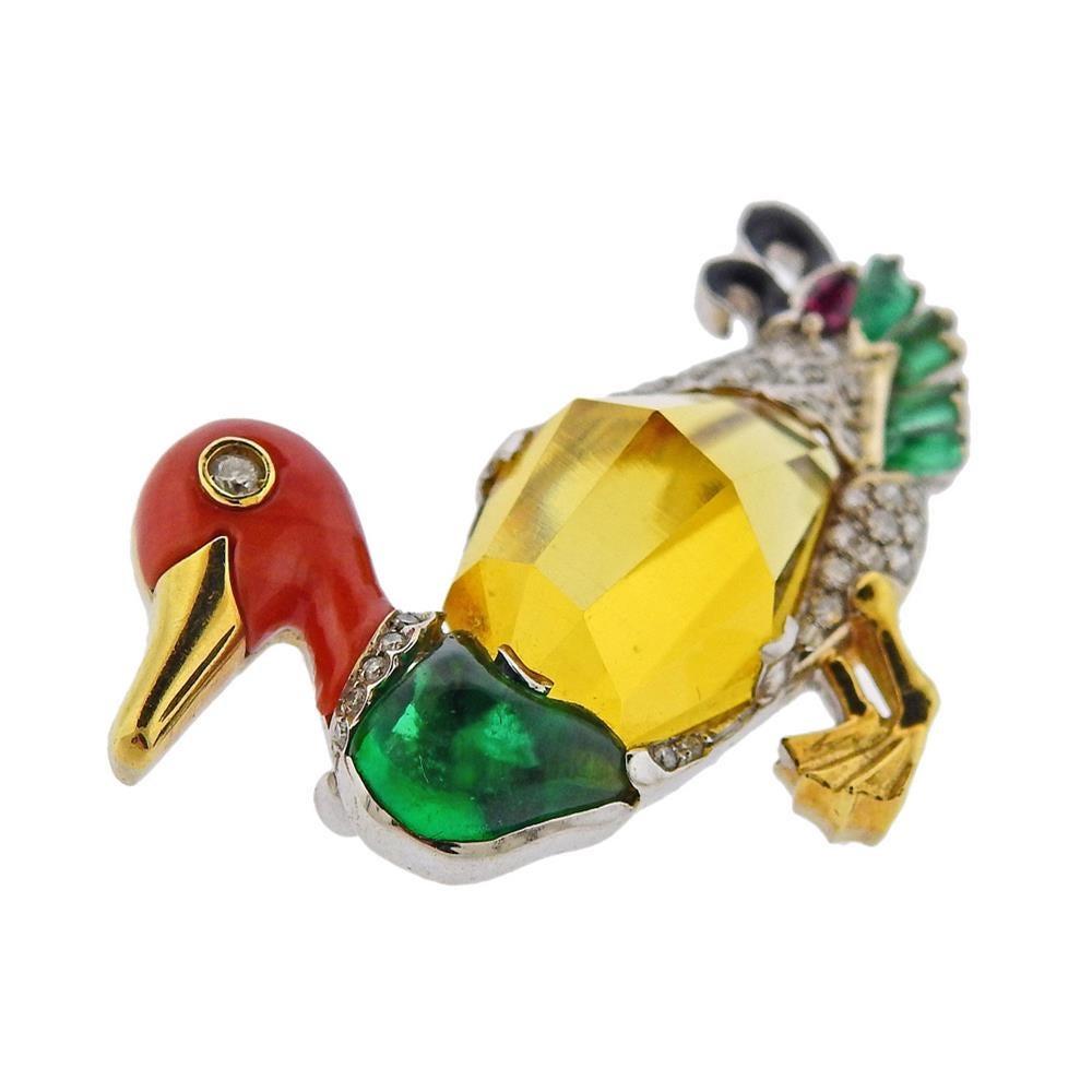 Emerald Cut Gold Coral Diamond Emerald Citrine Duck Brooch Pin