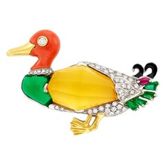 Vintage Gold Coral Diamond Emerald Citrine Duck Brooch Pin
