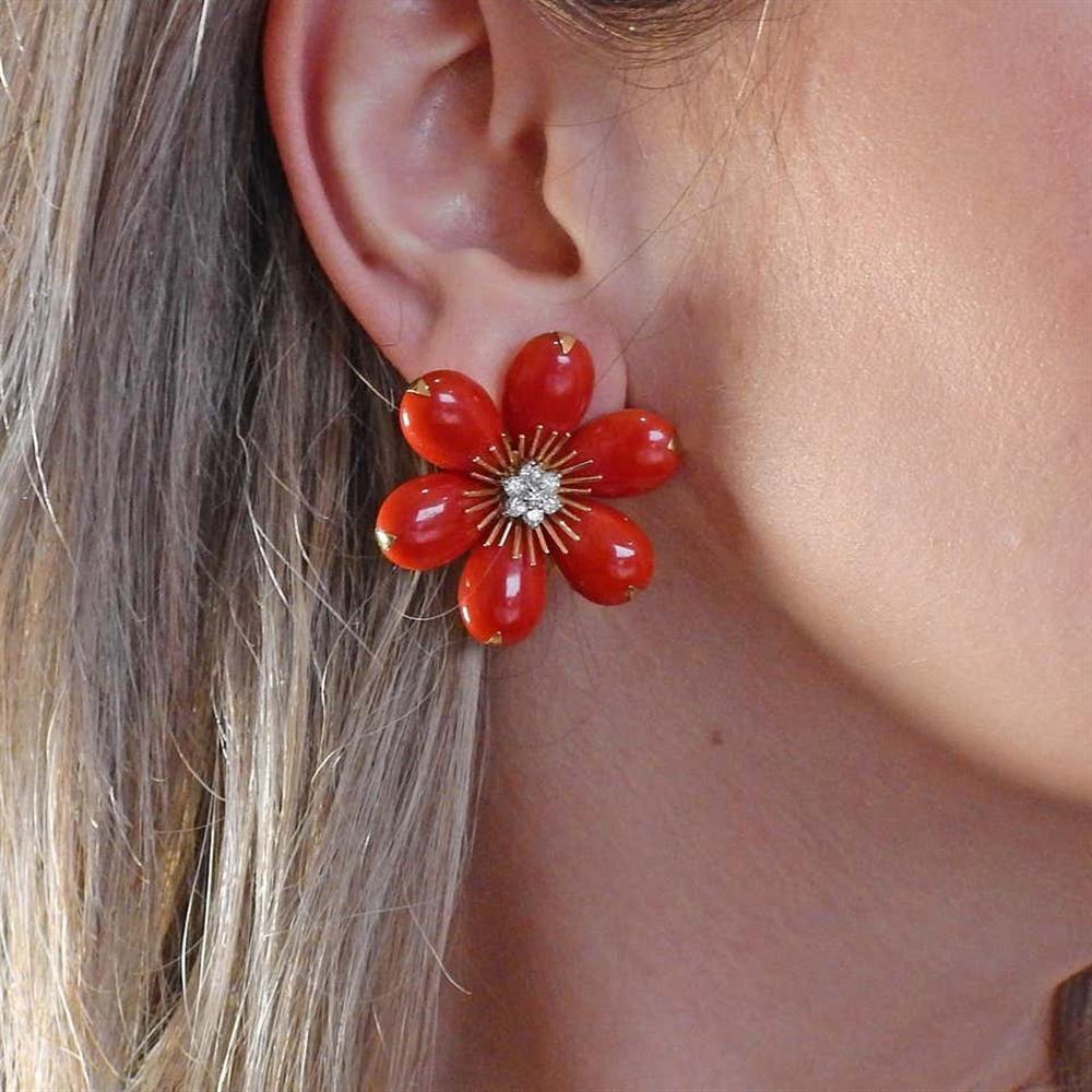 Women's Gold Coral Diamond Flower Earrings