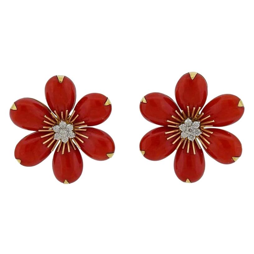 Gold Coral Diamond Flower Earrings