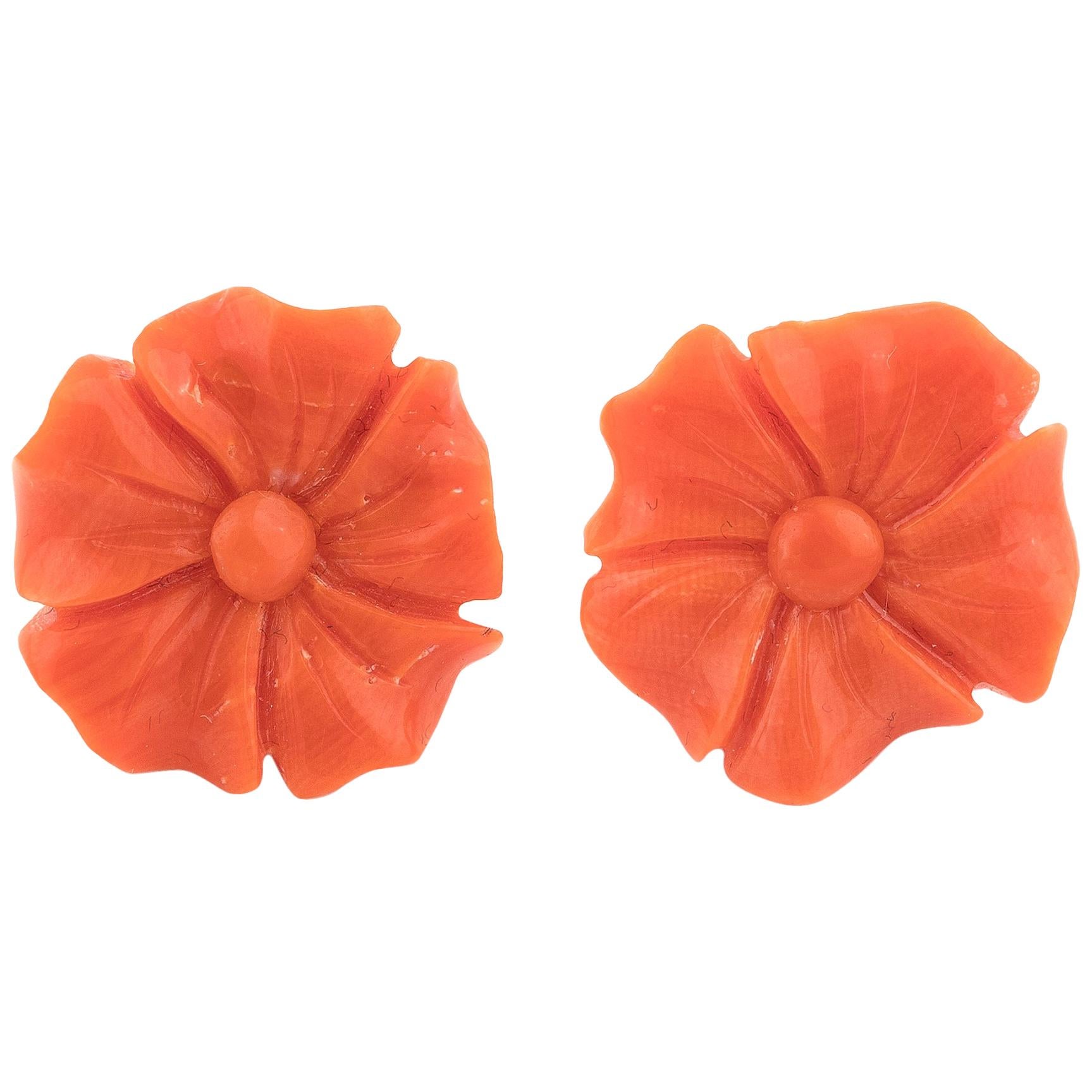 Gold Corallium Rubrum Flower Earrings For Sale