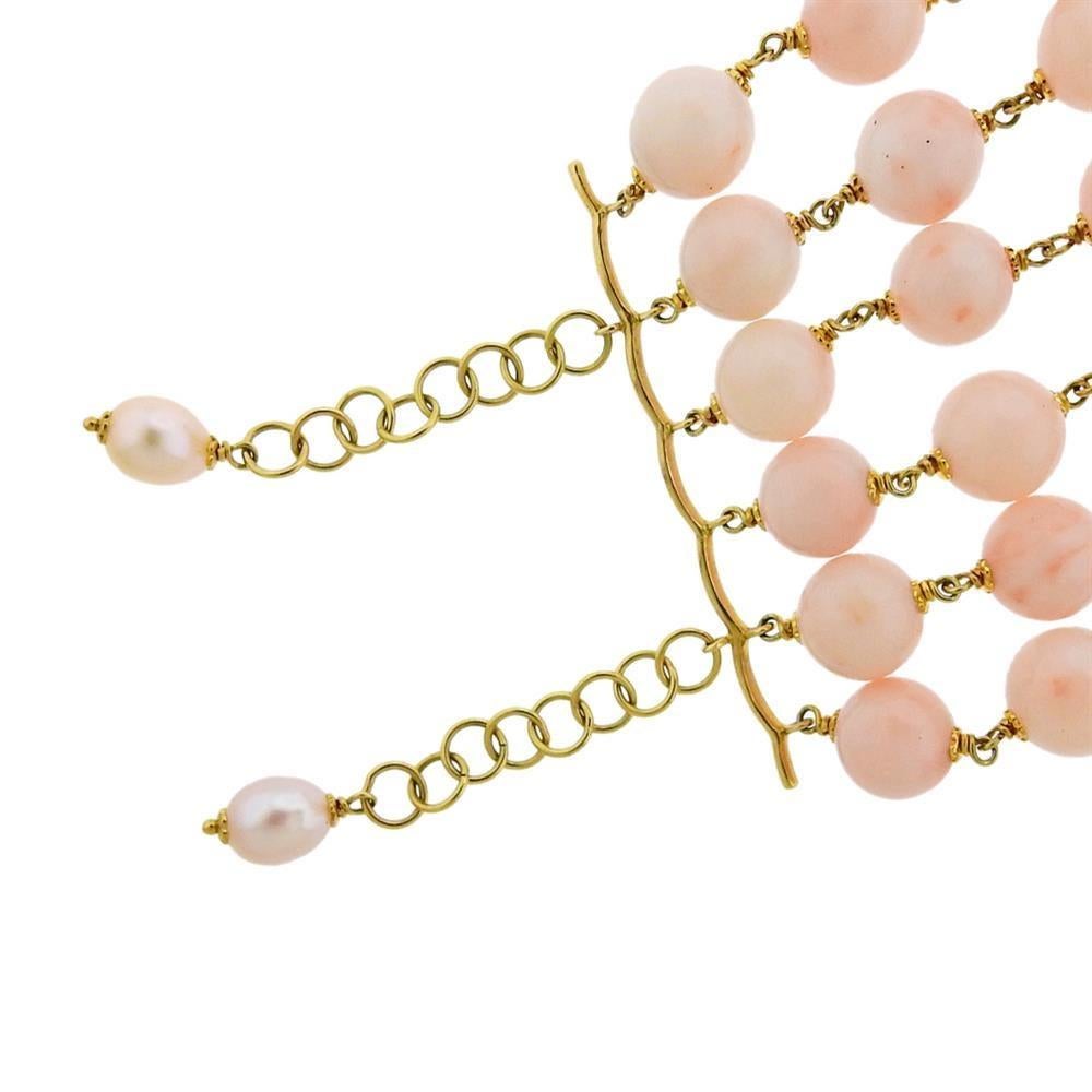 Gold Coral Pearl Wide Bracelet In Excellent Condition For Sale In New York, NY