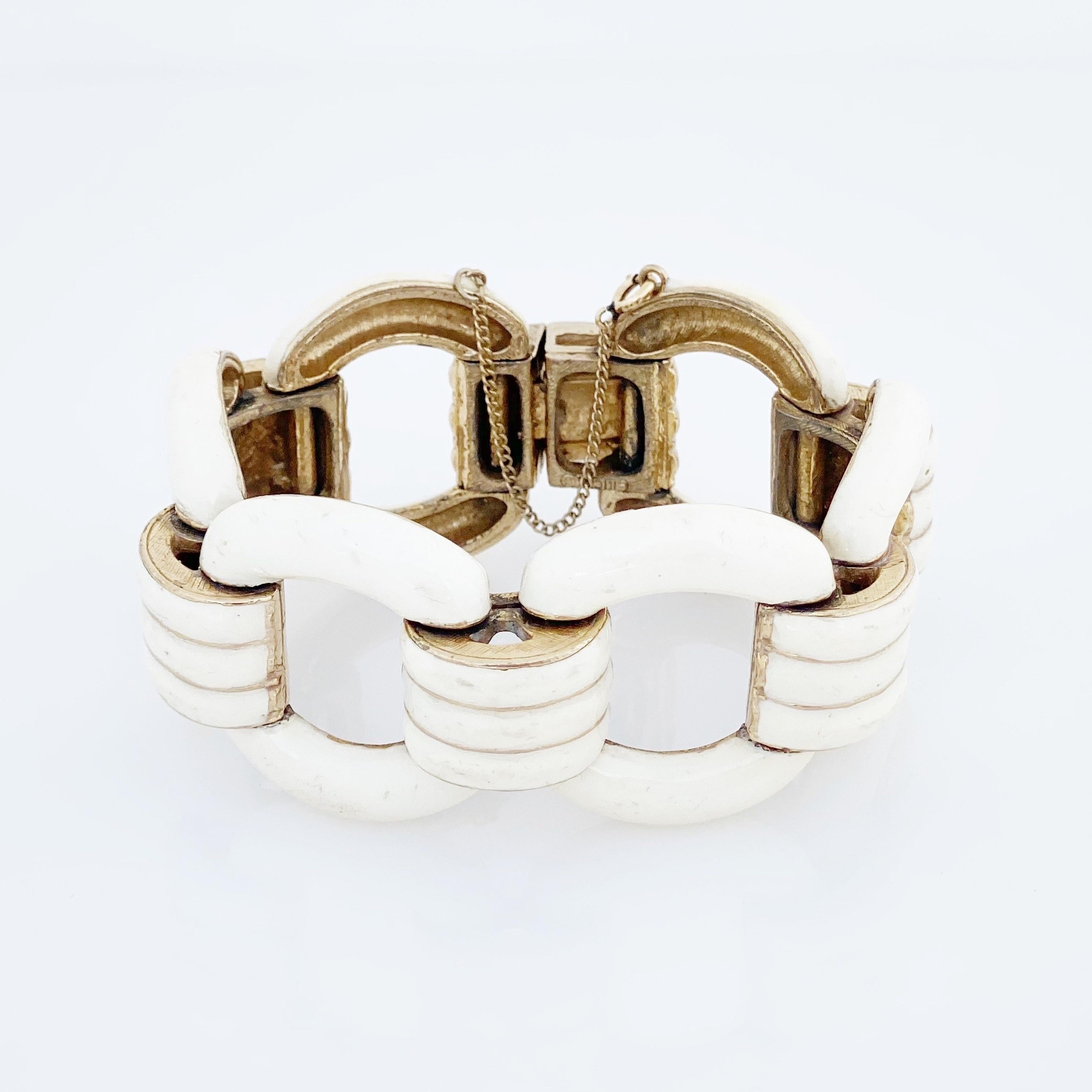 Modern Gold & Cream Enamel Chunky Link Bracelet By Ciner, 1970s For Sale
