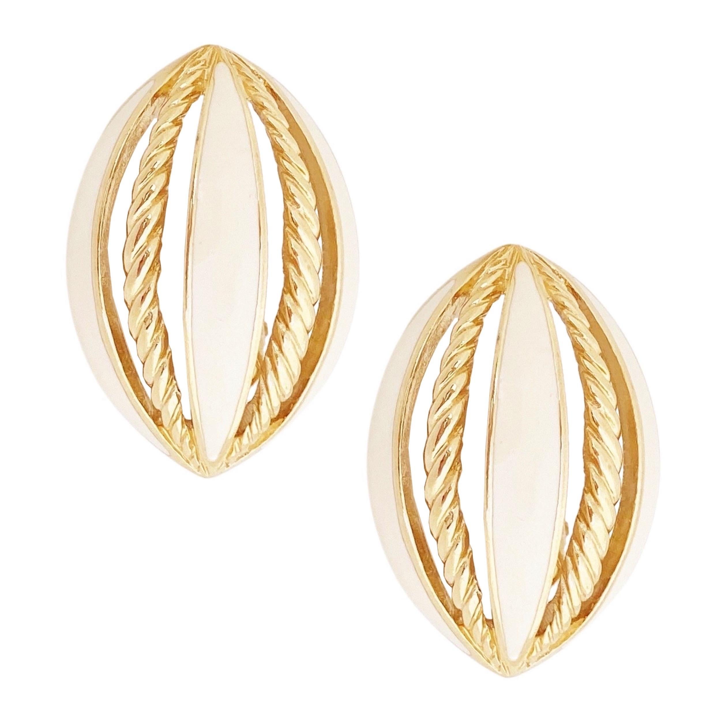 Gold & Cream Enamel Oversized Domed Marquise Earrings By Trifari, 1980s For Sale