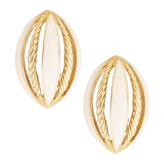 Gold & Cream Enamel Oversized Domed Marquise Earrings By Trifari, 1980s