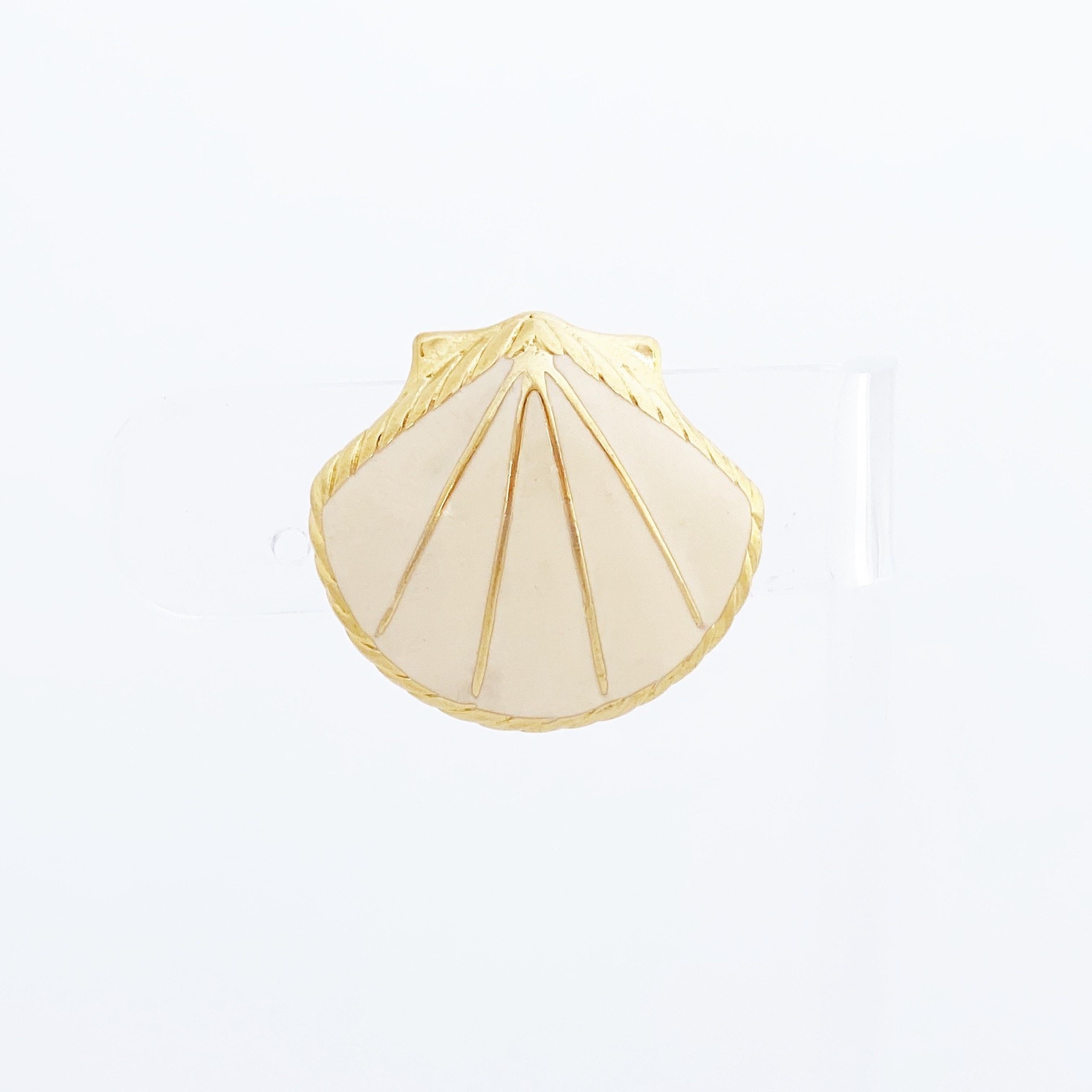 Modern Gold & Cream Enamel Seashell Earrings By Trifari, 1980s
