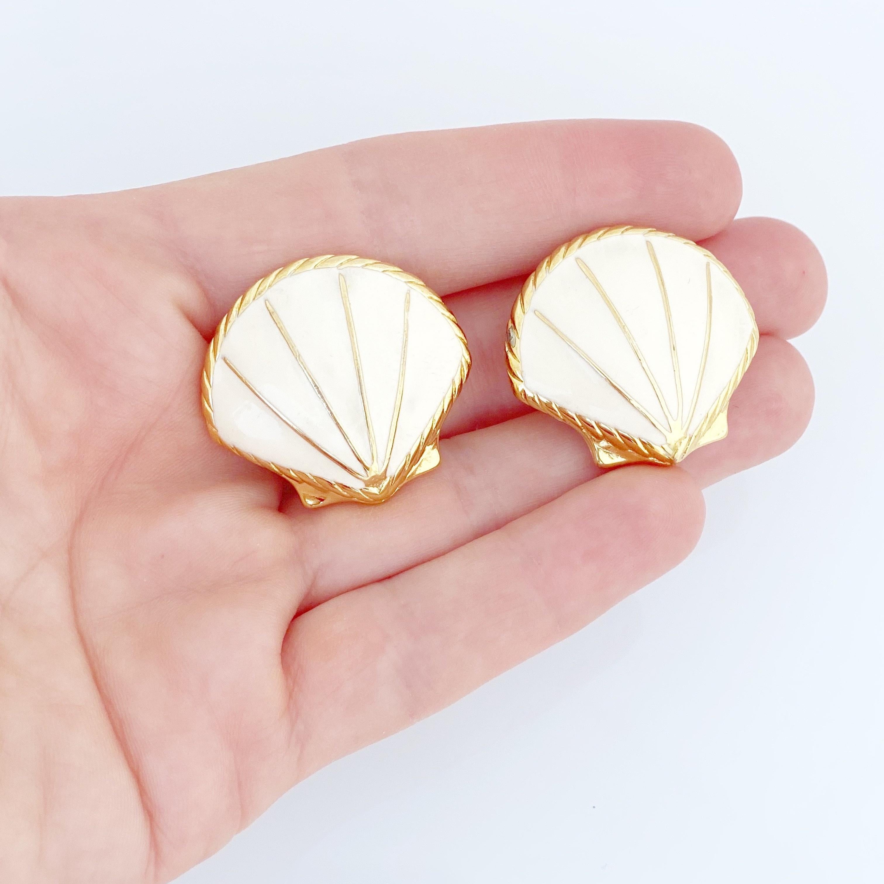 Women's Gold & Cream Enamel Seashell Earrings By Trifari, 1980s