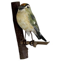 Gold Crest Vichtauer Hand Carved Wood Bird, Black Forest Folk Art Austria, 1920s Gold Crest Vichtauer Hand Carved Wood Bird, Black Forest Folk Art Austria, 1920s