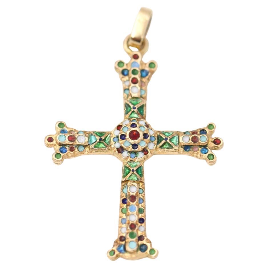 Gold Cross and Fire Enamel For Sale