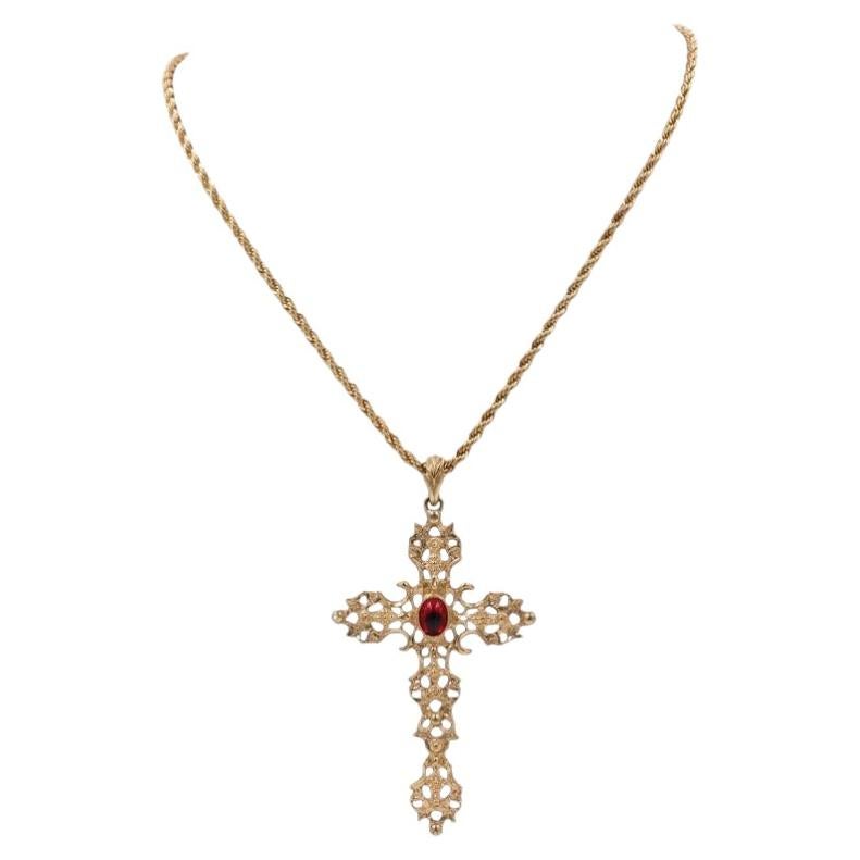 Gold Cross Necklace With Center Red Cabochon