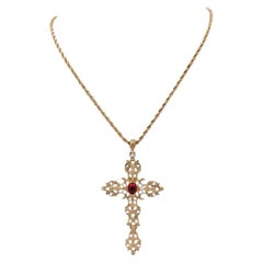 Gold Cross Necklace With Center Red Cabochon
