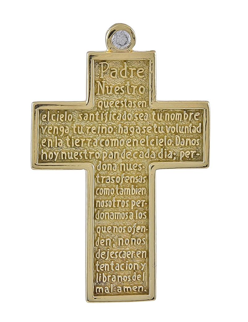 Lovely cross, with the Lord's Prayer written out in Spanish.  Set with a faceted diamond on top.  14K yellow gold.  The border is shiny gold; the background is textured.  1 1/3