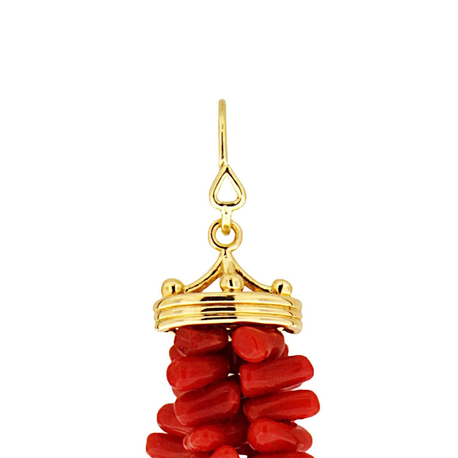 Gold Crown Cap Coral Tassel French Wire Earrings In New Condition In New York, NY