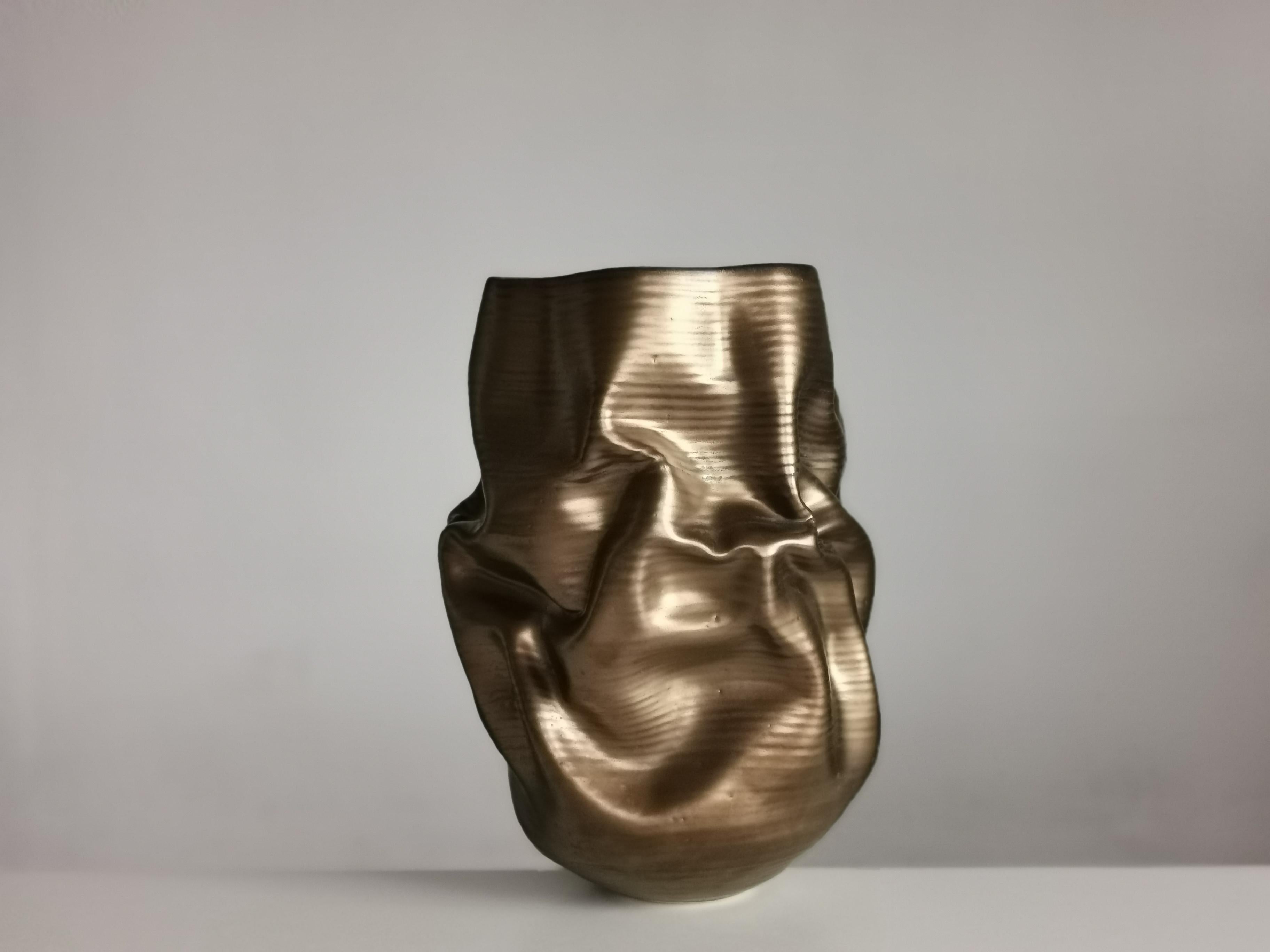 Gold Crumpled Form, Unique Ceramic Sculpture Vessel N.76 2