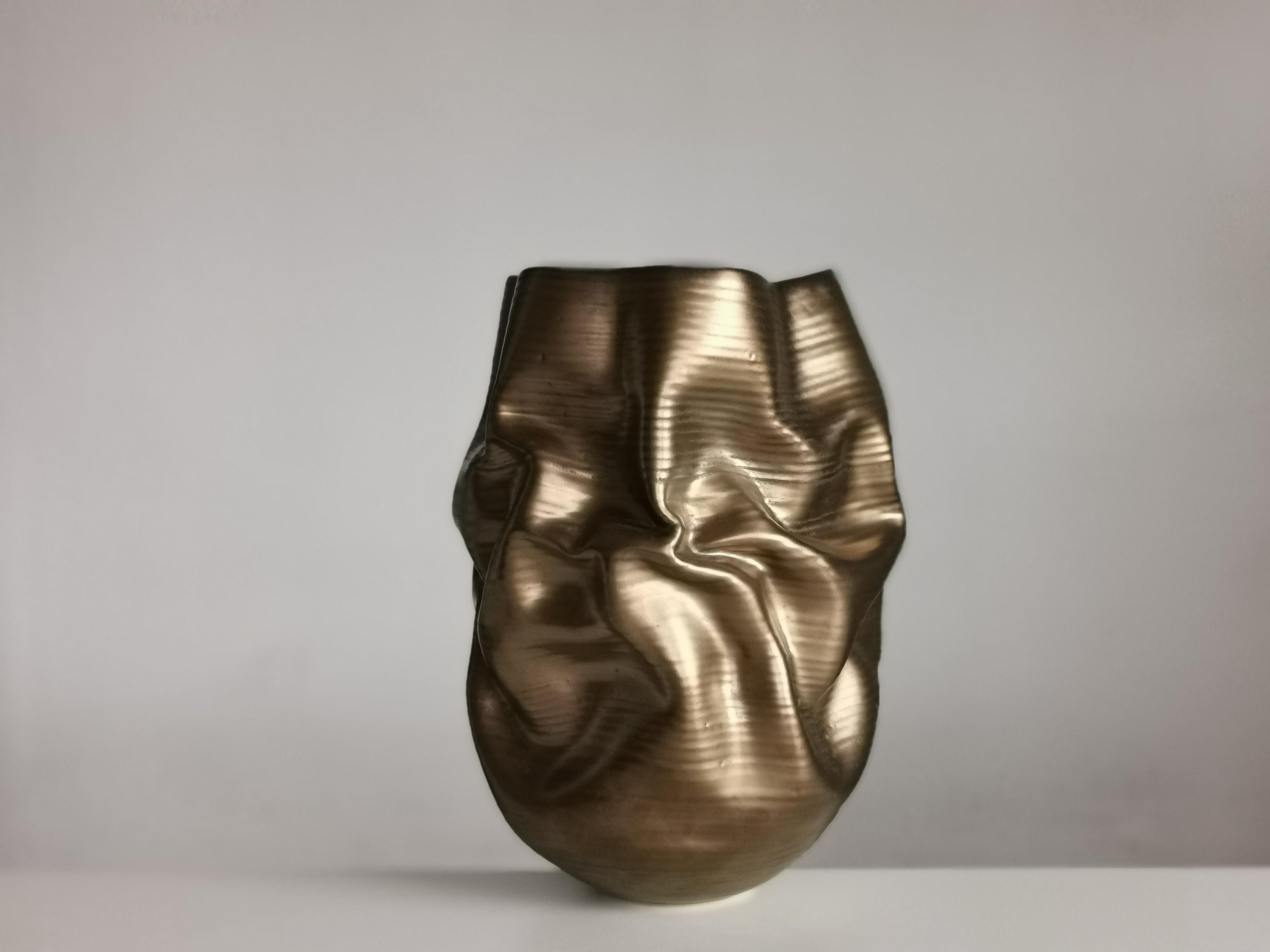 Gold Crumpled Form, Unique Ceramic Sculpture Vessel N.76 3