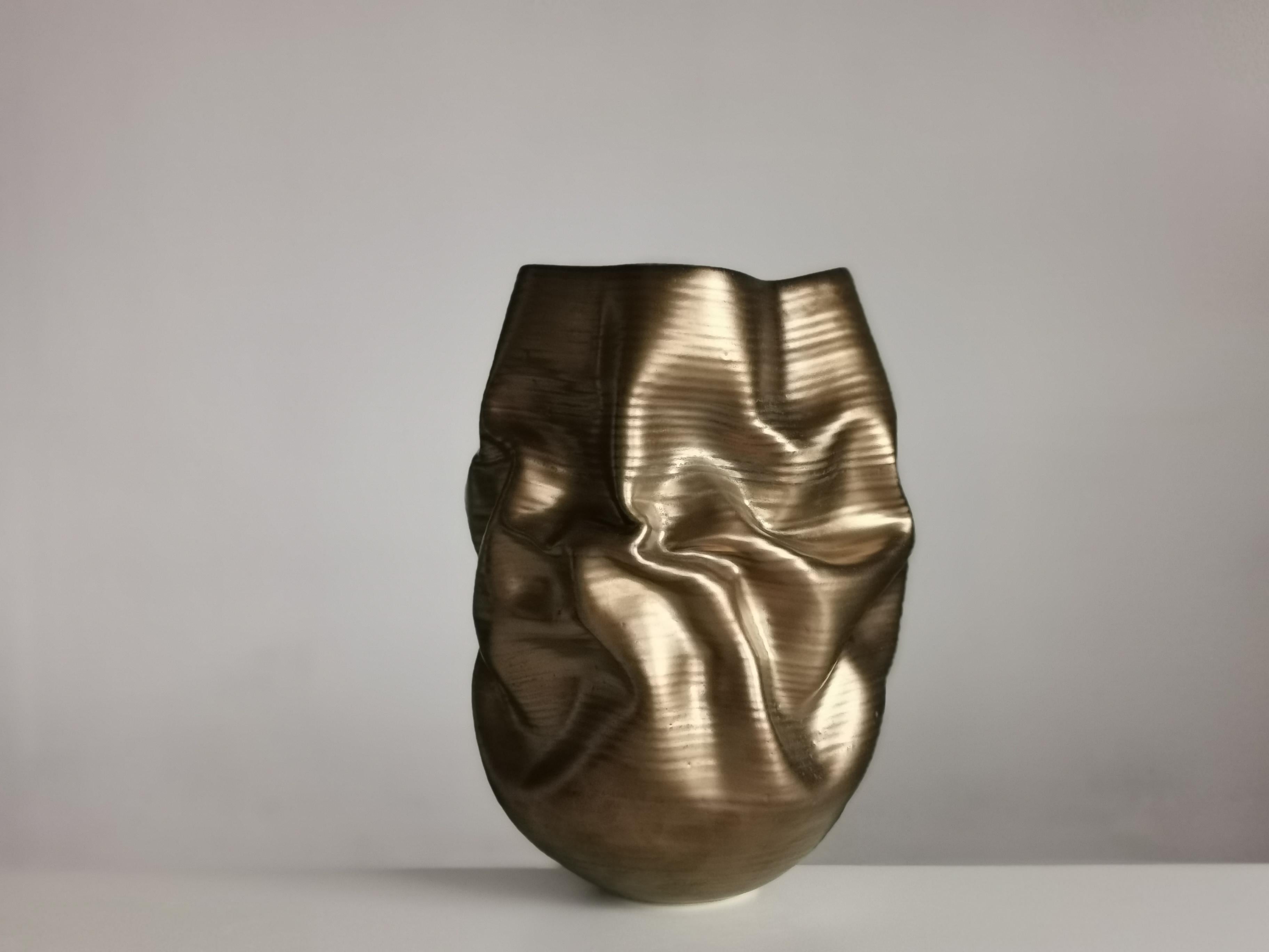 Organic Modern Gold Crumpled Form, Unique Ceramic Sculpture Vessel N.76