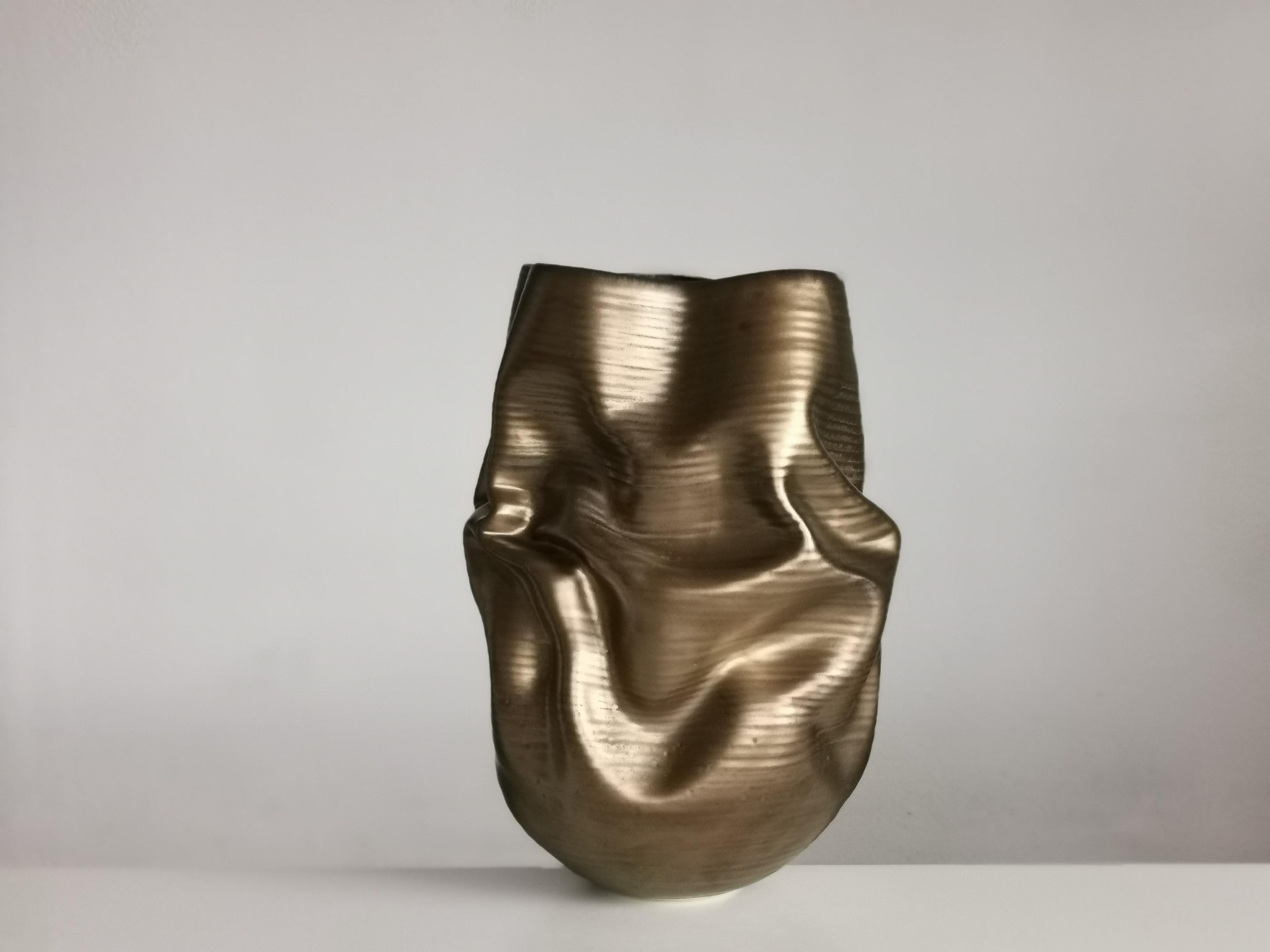 Spanish Gold Crumpled Form, Unique Ceramic Sculpture Vessel N.76